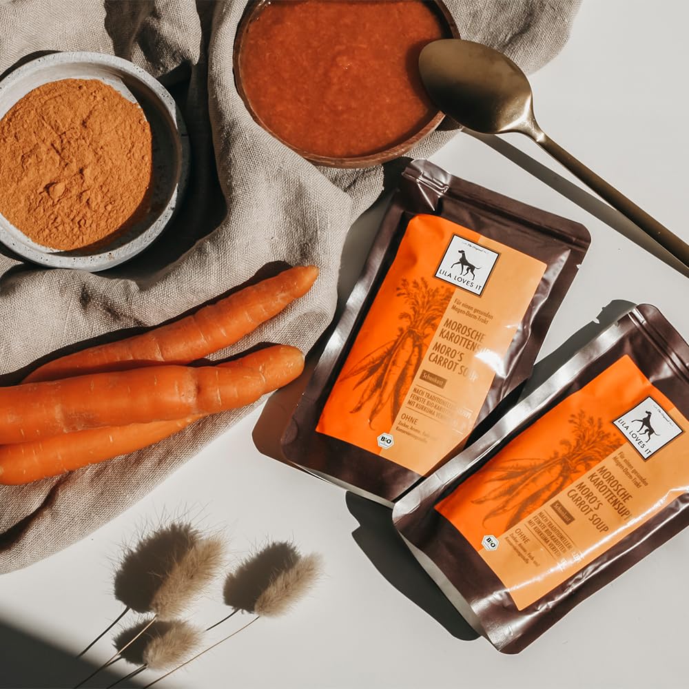 LILA LOVES IT Bio Morosche Karottensuppe für Hunde – altbewährtem Hausrezept, beruhigt den Magen-Darm-Trakt, vegan, Bio MOROSCHE KAROTTENSUPPE, 18 x 130ml Beutel