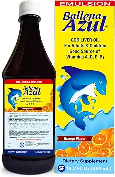 Ballena Azul Aceite de Higado de Bacalao para Adultos y Ninos, COD Liver Oil for Adults and Children, Good Source of Vitamins A,D,E, B1, Dietary Supplement, Omega 3, Inmune System Boost ORANGE 15 OZ