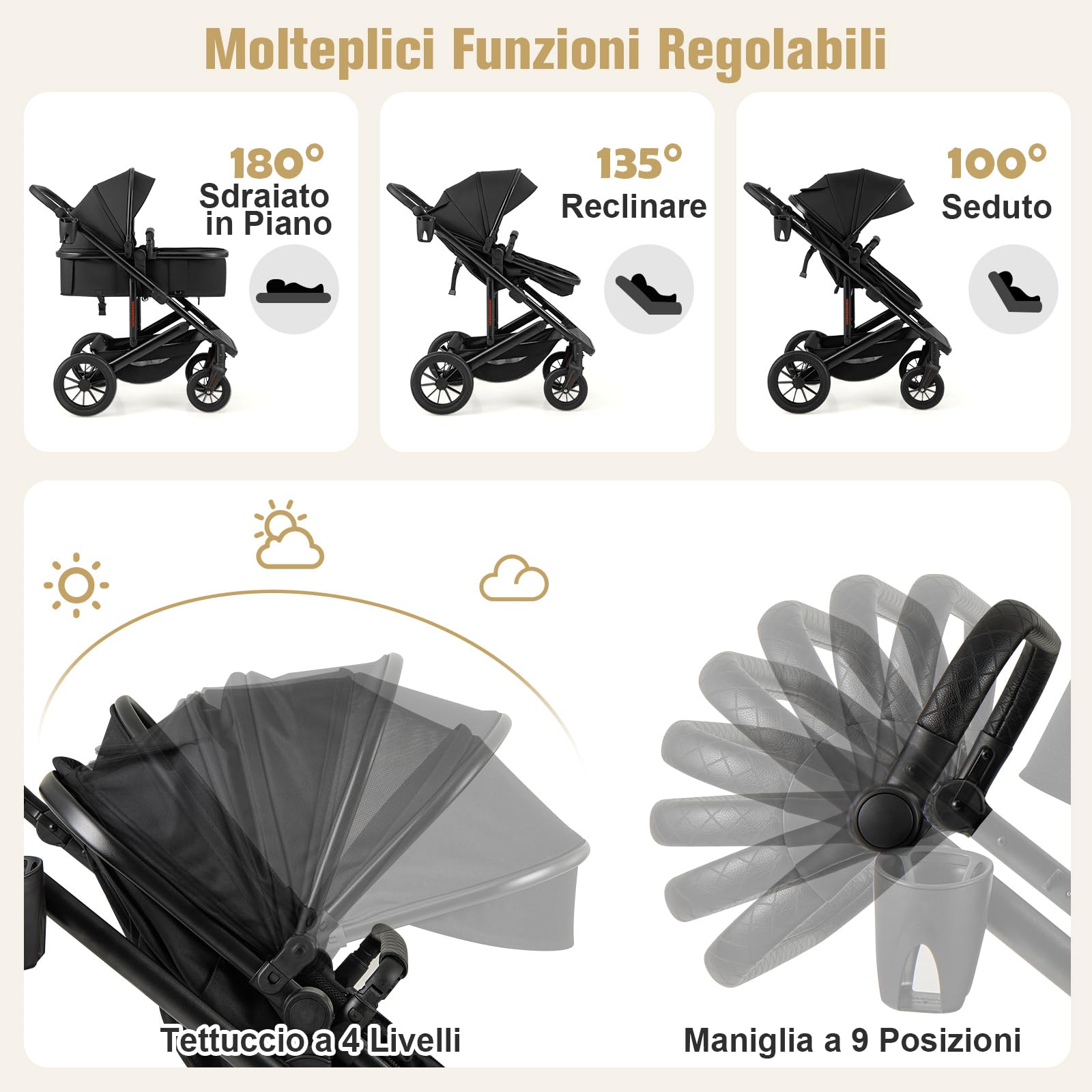RELAX4LIFE Passeggino Pieghevole 3 in 1, Tettuccio e Manico Regolabili, Cintura di Sicurezza, 4 Ruote Scorrevoli, Cestino Portaoggetti, Portabicchieri, Borsa per il Trasporto (Nero)