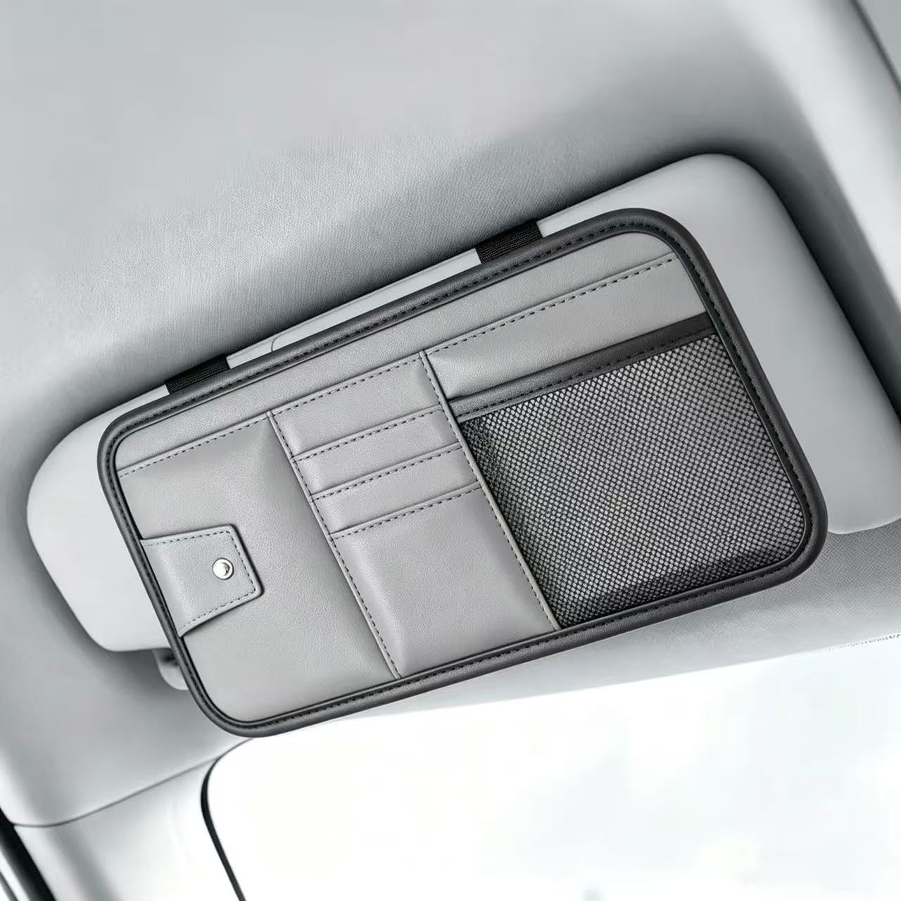 VAPORVERSE Car Sun Visor Organizer for Skoda KAMIQ | oberer Ladeboden | 2019-2025, Multifunctional Auto Visor Storage Bag with Net Pocket & Eyeglass Clamp, Glasses Clip, gray