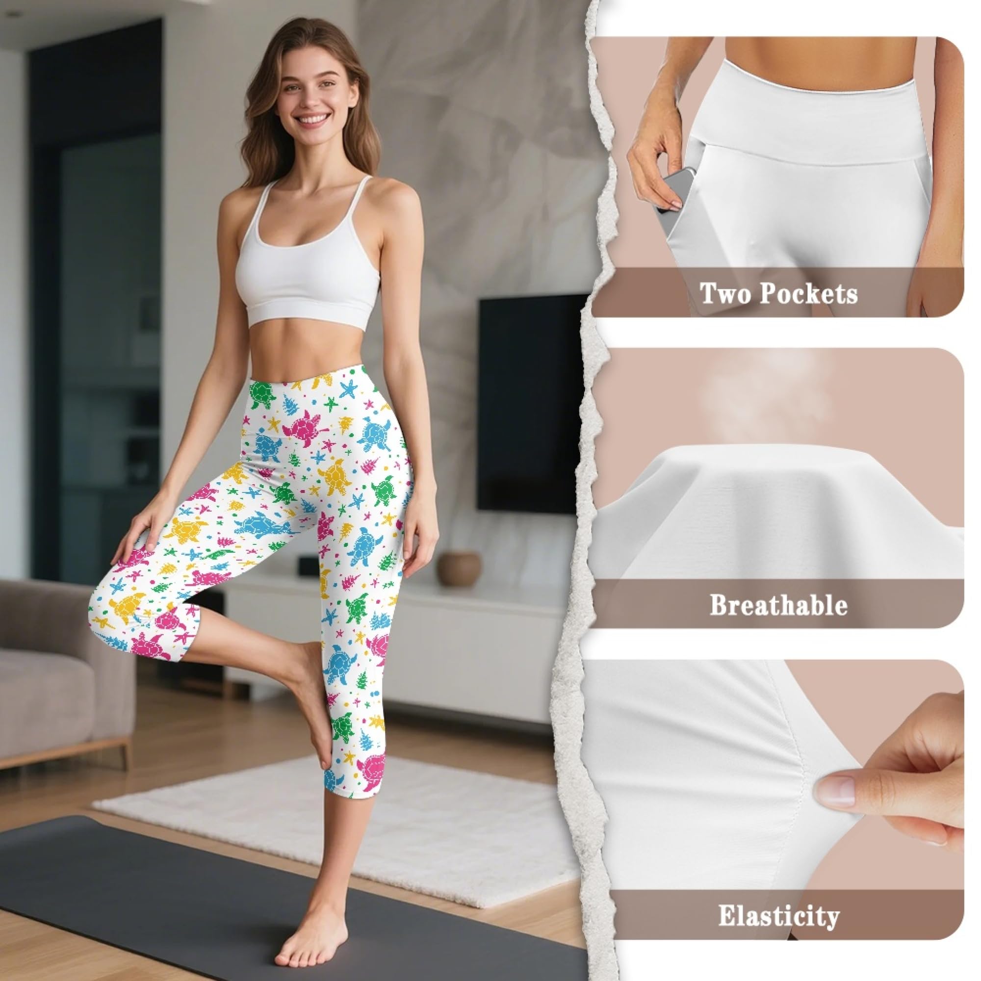 Amzbeauty Legging Capri 3/4 pour femme - Taille haute - Avec poches - Pour yoga, fitness, course à pied, entraînement, gym