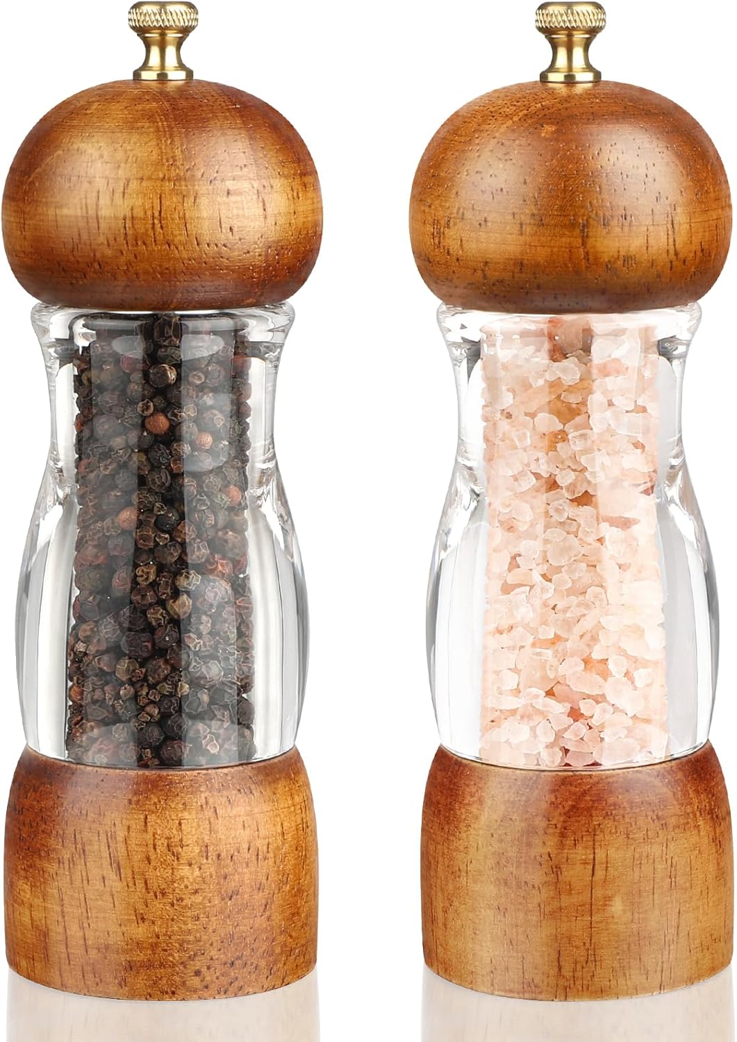 Wood Salt and Pepper Grinder, Manual Salt Grinder and Pepper Mill Refillable, Wooden Shakers with Adjustable Ceramic Grinders - 6 inches, 2 Pack