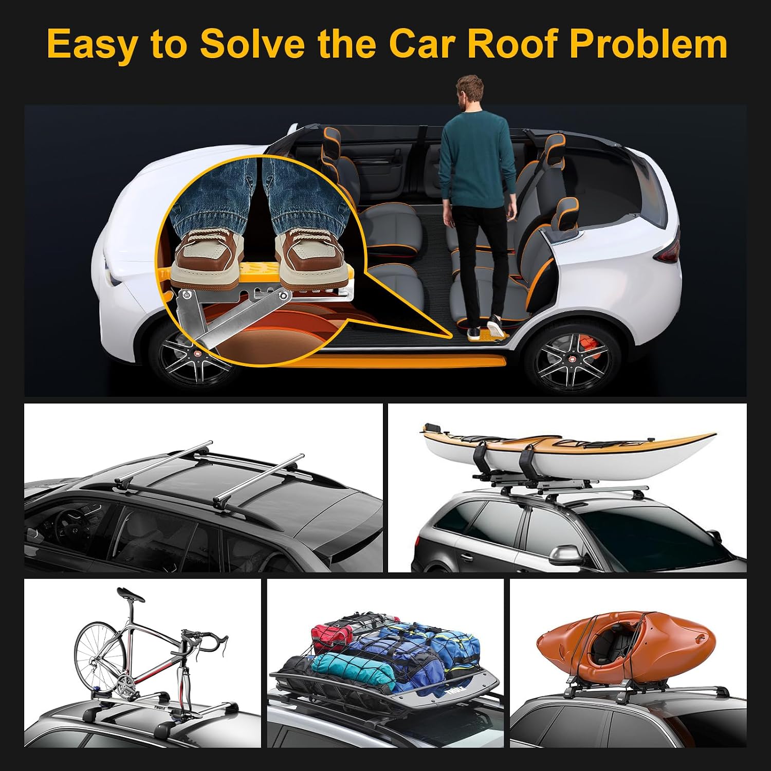 Universal Fit Car Door Step, Foldable Door Latch Step with Adjustable Angle for Car Roof Access, Both Feet Stand Car Step for SUV and Truck, Orange