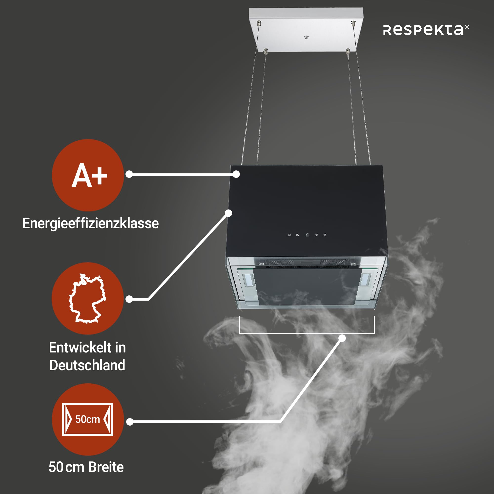 Respekta Centa Design-Inselhaube 50 cm Fernbedienung Schwarz Energieeffizienzklasse A+ 67 dB Luftstrom 531,8 m³/h