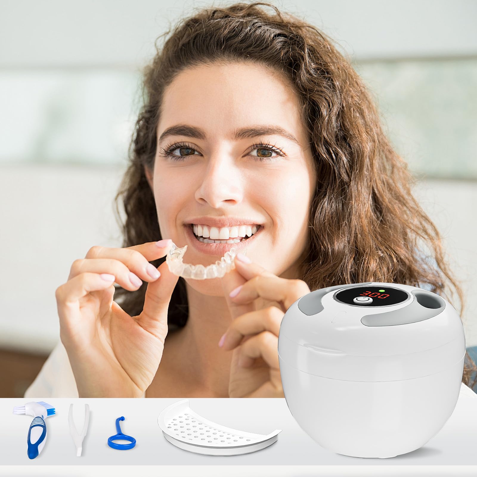 Pulitore a ultrasuoni Vankarr UV, 45000Hz 25W Pulitore portatile a ultrasuoni Pod dentale per bite dentali, protesi, fermi, allineatori, 4 lampade UV-C, 200ml, bianco