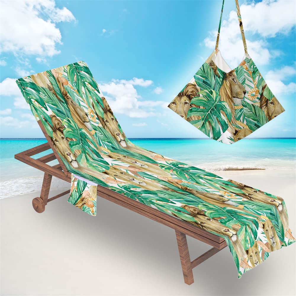 RRrawgff Beach Chair Cover Towel Classic Argyle Diamond Check Beach Towel Lounger Bags with Pockets, Fitted Microfiber Sunbed Towels Summer Outdoor Sun Lounger Towels (73x210cm,Lion)