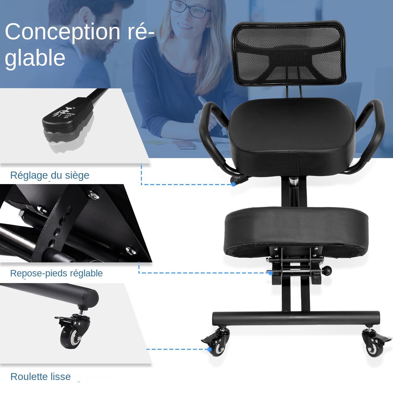 Chaise Ergonomique à Genoux avec Dossier - Hauteur réglable avec Coussins épais et roulettes verrouillables pour Le Bureau et la Maison. Tabouret correcteur de Post-ure pour soulager Les maux de Dos
