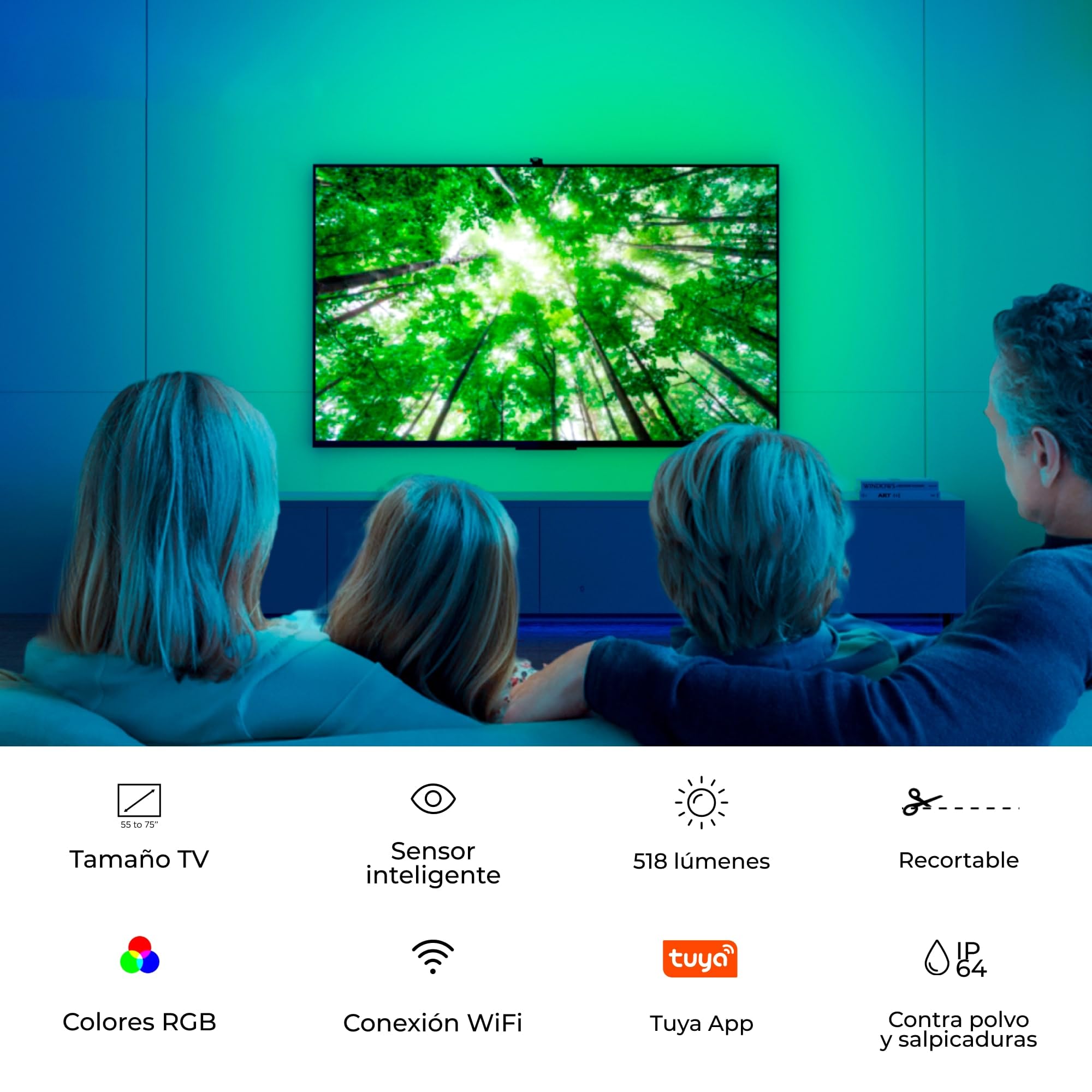 Tiras LED inteligentes para TV Ksix AmbiGlow, Sensor de color, TV 55 a 75