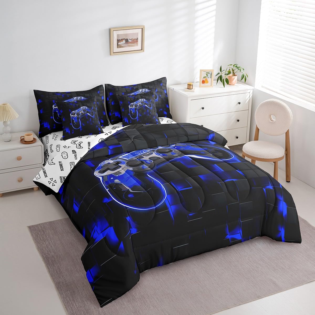 7Pcs Kids Bedding Set Twin Size Gamer Console Comforter Set Bed-in-a-Bag Black and Blue Cool Gamepad Gaming Bed Comforter-1 Comforter,1 Flat Sheet,1 Fitted Sheet,2 Pillowcases,2 Throw Pillow Covers 1