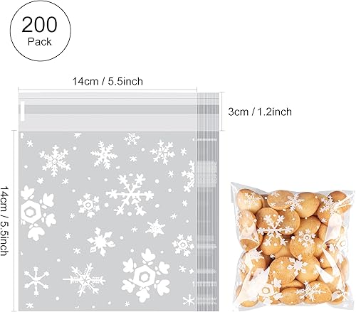 Miniatura 3 de 200 bolsas de golosinas de Navidad, bolsas de 5.5 x 5.5 pulgadas, bolsas de galletas de copo de nieve autosellantes, bolsas transparentes de