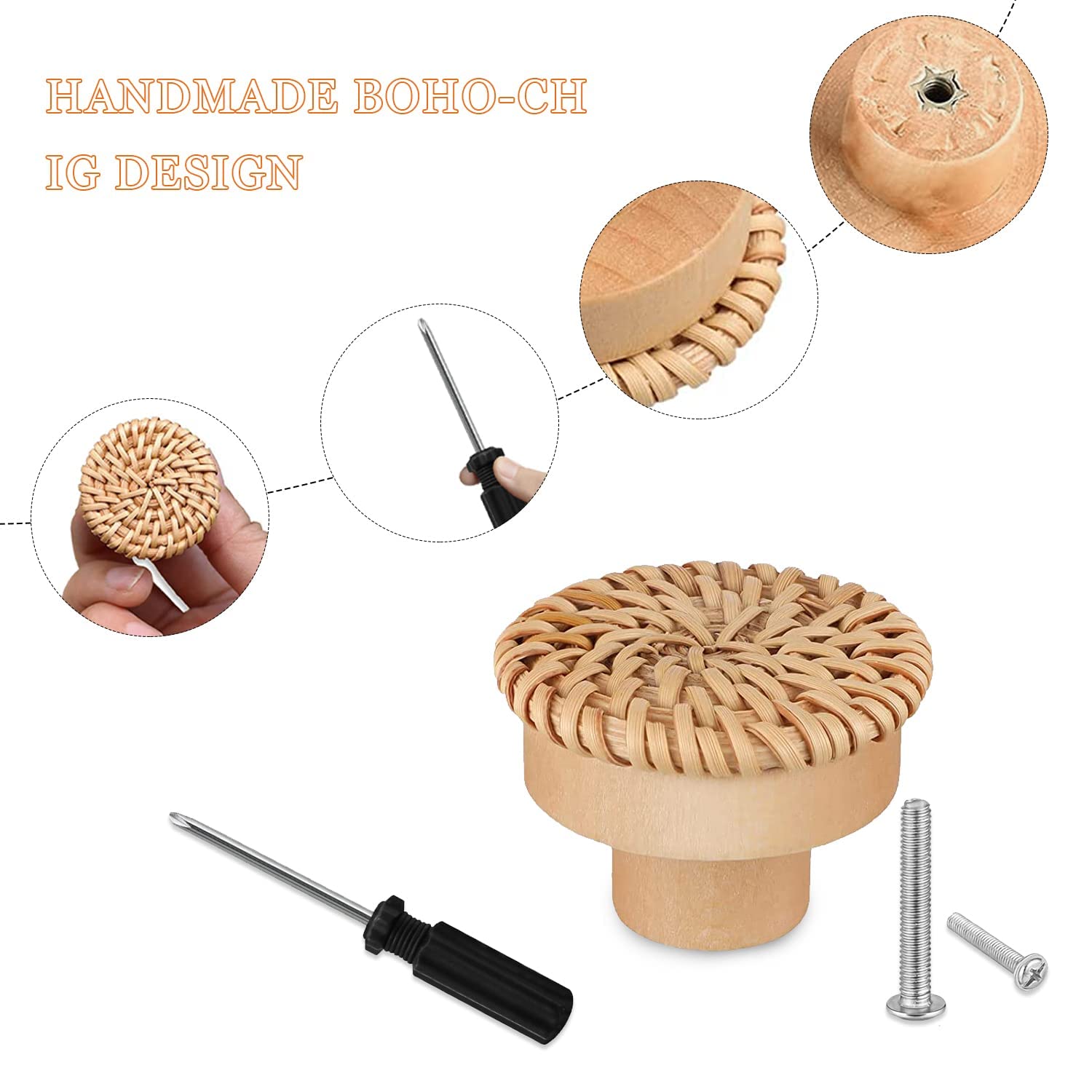 8 Poignées De Tiroir En Rotin Bohème - Diamètre 40 Mm, Hauteur 30 Mm - Boutons En Bois Et Rotin Tissé à La Main - Déco Rustique Pour Commode, Armoire - 11