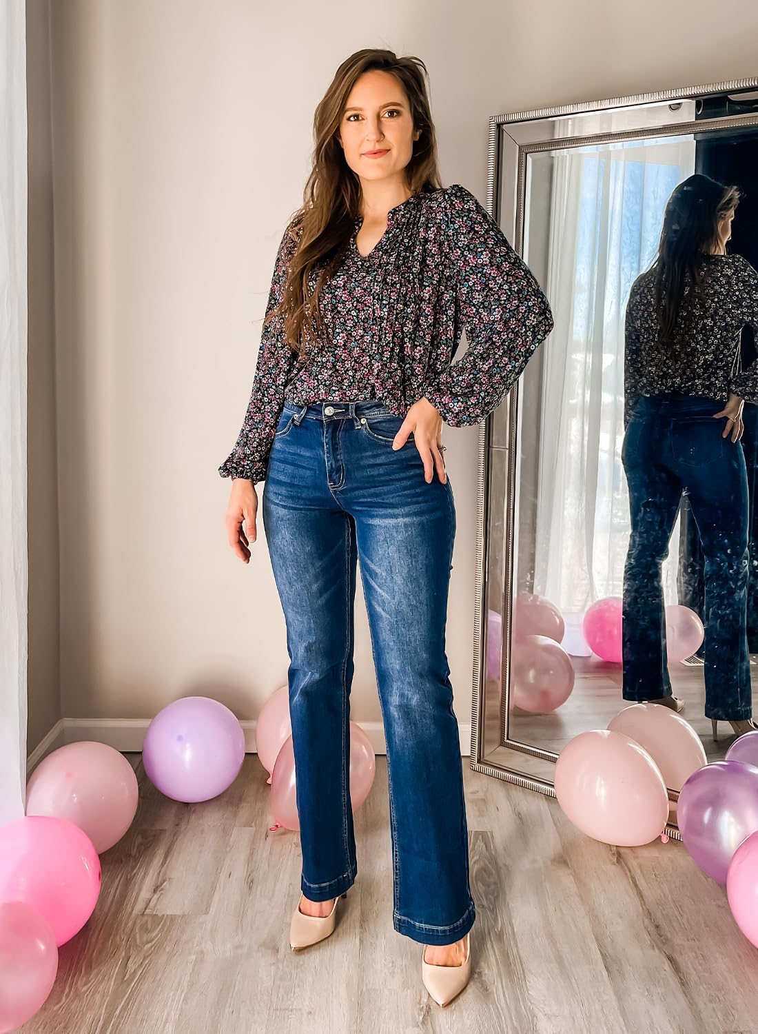 MIHOLL Women's V Neck Puff Long Sleeve T Shirts Pleated Casual Loose Tunic Blouse - Image 5