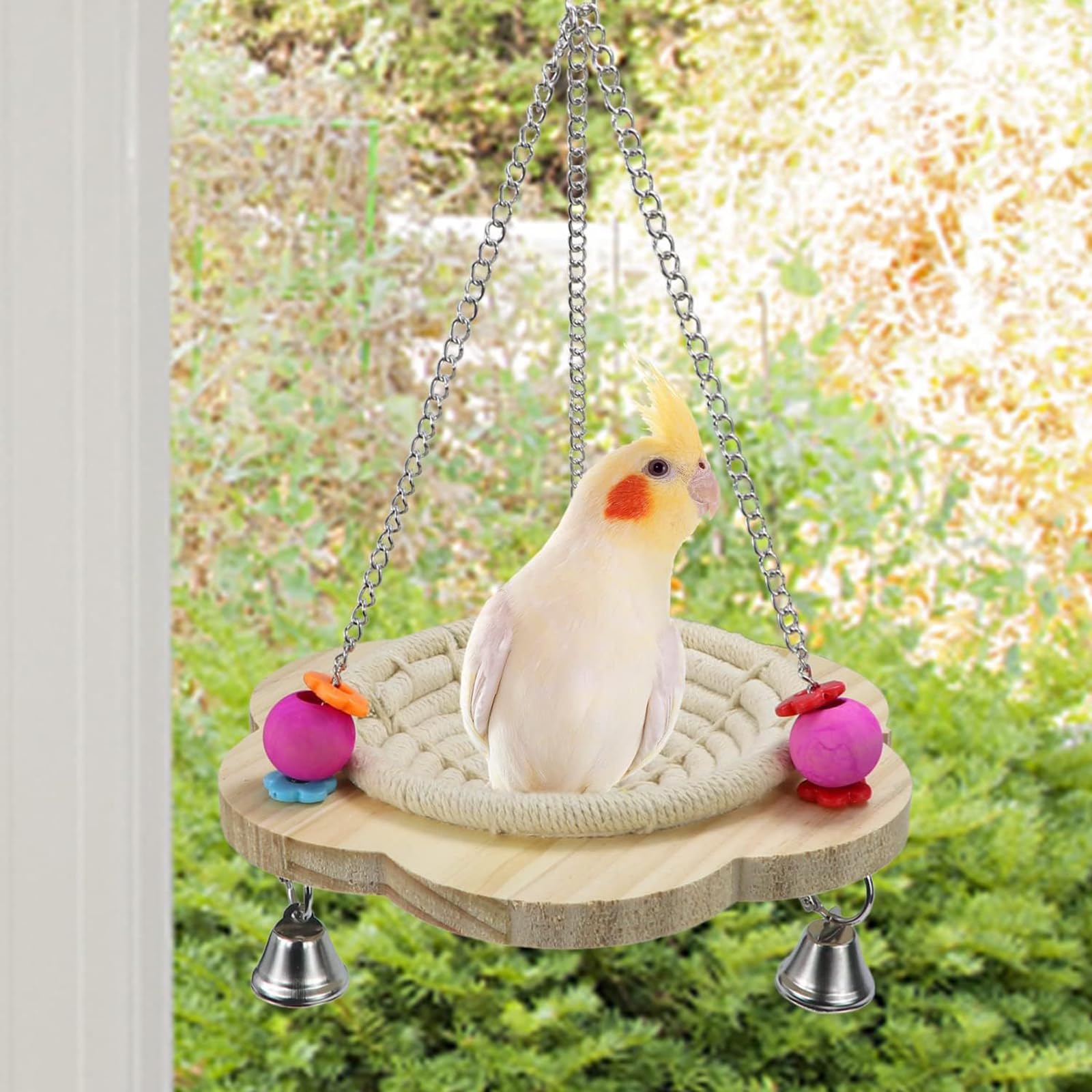 Boutihao Parrot BirdNest, Cotton Bird House BirdNest, BirdParrot Toy, Hand Woven Nest Bed Swing with 3 Metal Bells - Image 4