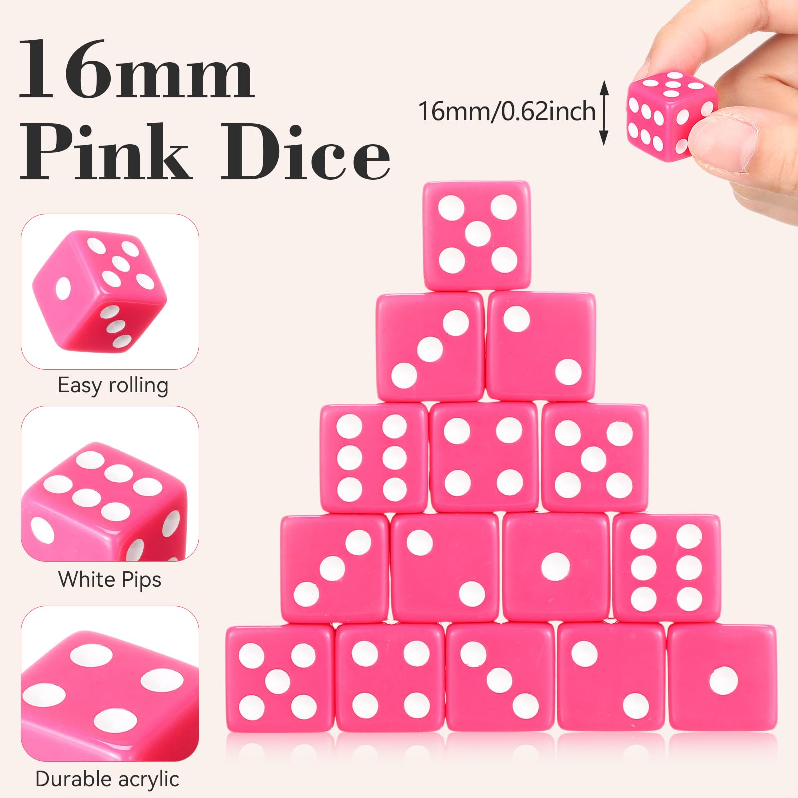 Poen Juego de 30 dados de color rosa intenso opacos de 16 mm para fiesta temática de casino, cuboide rosa con piñas blancas para juegos de mesa familiares