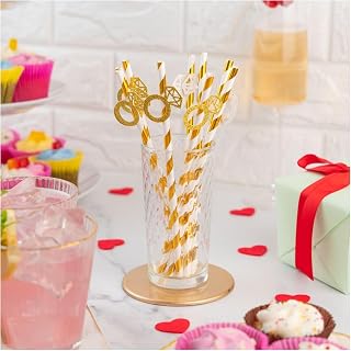 24pcs Diamond Ring Straws for Bachelorette Party, Gold, Bridal Shower Wedding Decorations