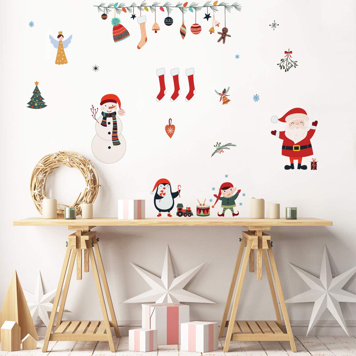 Ambiance Sticker Mural de Noël Éléments - Déco Fêtes, 60 x 80 cm | Stickers muraux de Noël, autocollant prédécoupé fond translucide, convient vitres et murs colorés, sans travaux