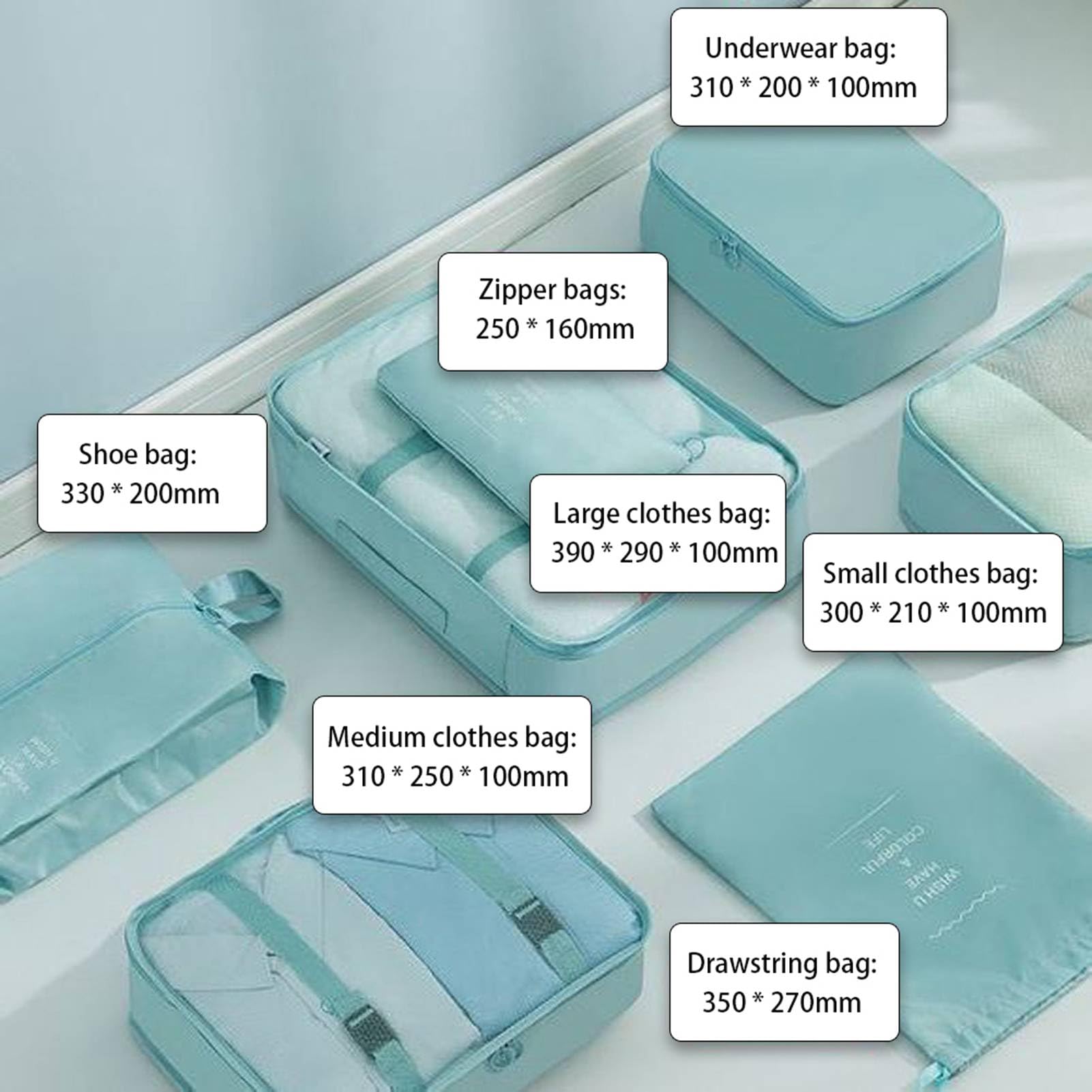Organizzatori dei Bagagli, 8 Borse da Imballaggio Set, Set di Sacchetti, Organizzatore di Valigie a Prova di Acqua con Borsa per la Biancheria Intima di Scarpe per le Vacanze di (Lake Blue)