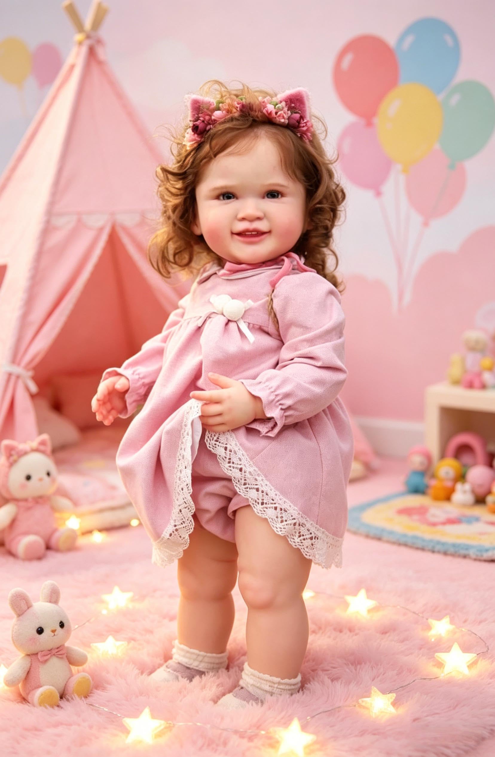RXDOLL 28 Zoll Süßes Lächeln Lebensechte Reborn Baby Puppen, Realistische Reborn Babymädchen Weicher Stoffkörper, Lebensechte Kleinkind Puppen mit Verwurzeltem Haar als Geschenk für Kinder