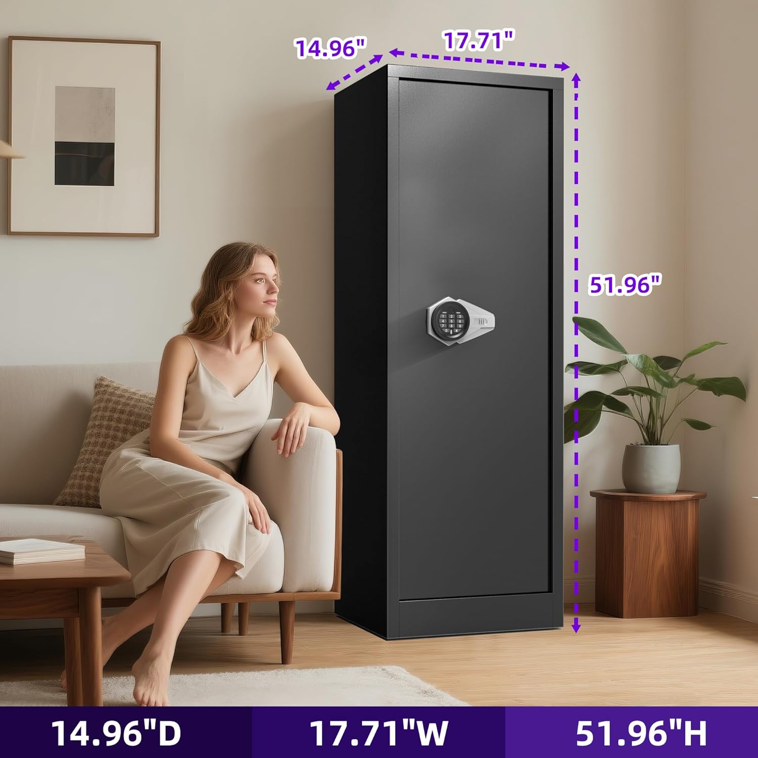 Image showing the dimensions of the Emasme gun safe: 14.96 inches deep, 17.71 inches wide, and 51.96 inches high.