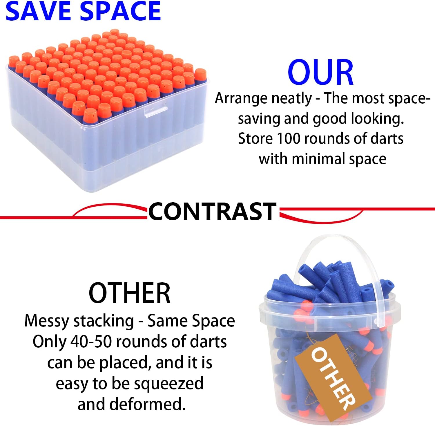 EKIND Foam Darts Neat Storage Boxes Compatible for Nerf Elite Darts or Short Dart, Easy to Collate and Carry (1 Box, 2 Tray)