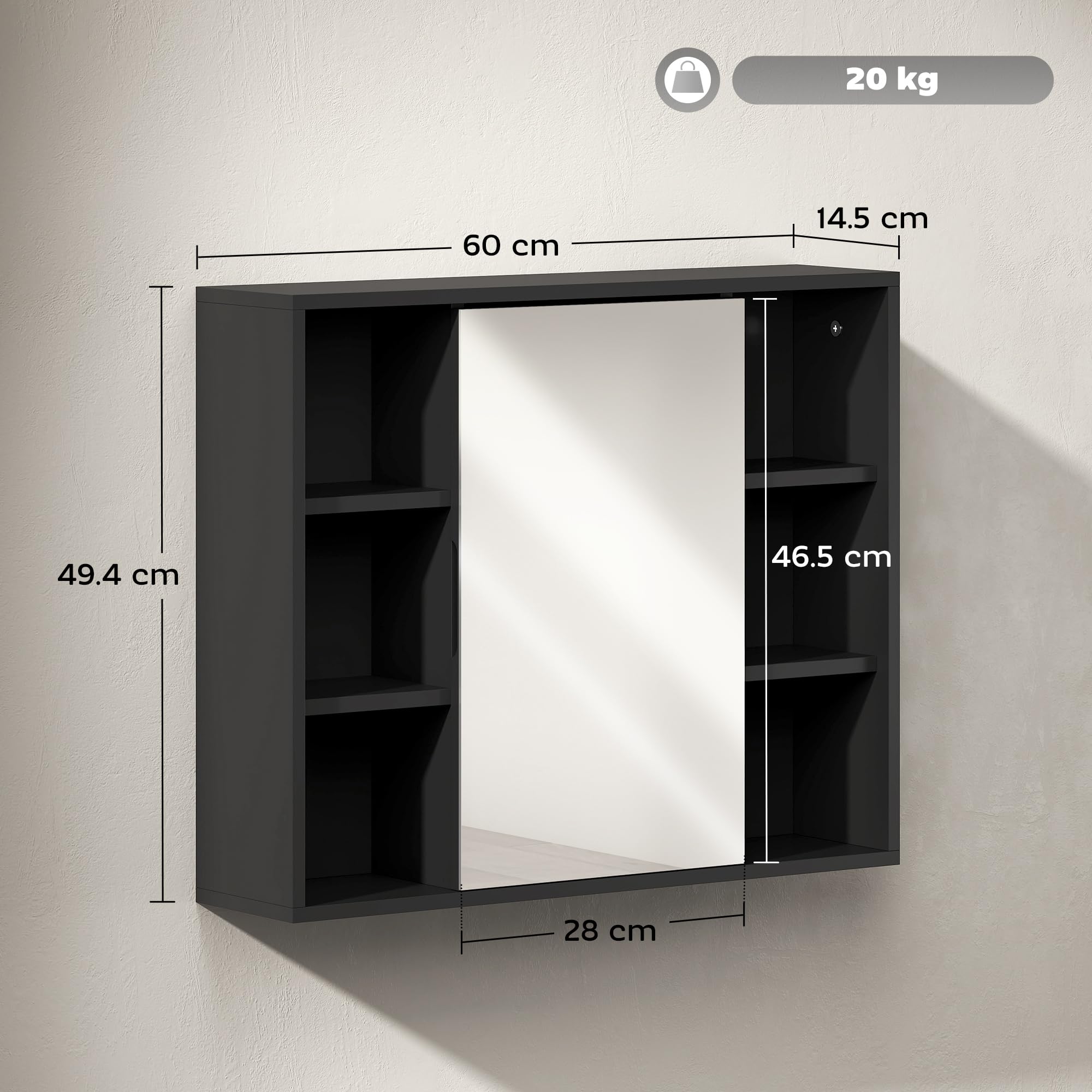 HOMCOM Armario de baño de Pared con Espejo, 60x14,5x49,4 cm, Negro