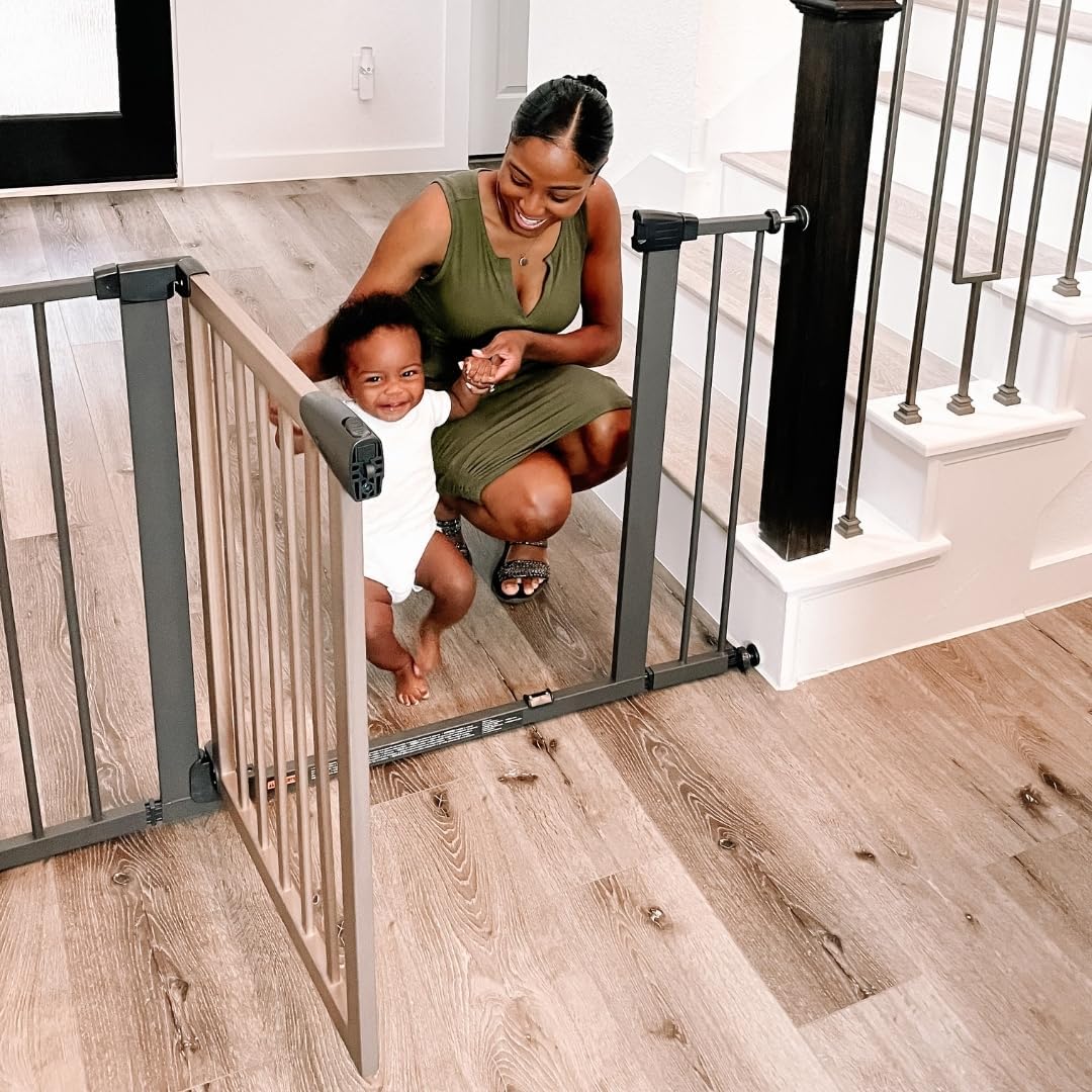 Toddleroo by North States Driftwood Extra Wide Auto Close Baby Gate: Self-Closing Child Gate with Hold-Open Feature. Pressure Mounted Baby Gate, Fits 29.75” to 52” Wide. (30" Tall, Graphite and Wood)