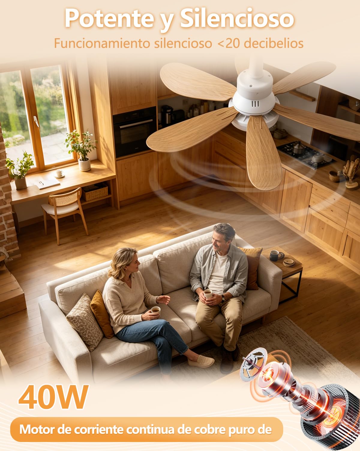 52CM Ventilador de Techo con Luz, Pequeño Lampara Ventilador Techo, 2 Juegos de Aspas, 40W LED Regulable, Silencioso, E27, 3 Velocidades, Abanico para Interior Exteriores Dormitorio Sal
