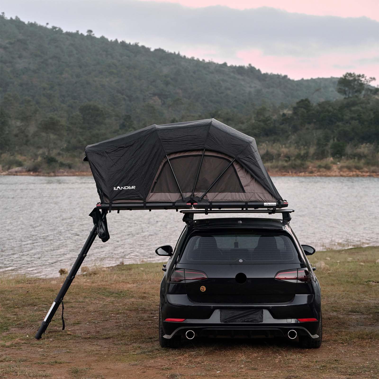 Roof Top Tent with Ladder 140cm, Outdoor Entry Level Overland Aluminium Fold Out Style Car Roof Tents with LED Strip Light & Windows, 3” Thick Mattress, for Car SUV Truck Camping