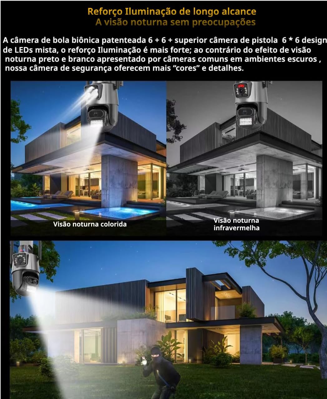 Comparison image showing a house at night with colored night vision on the left and infrared black and white night vision on the right, highlighting the enhanced detail and color provided by the camera's advanced LED and infrared lighting.