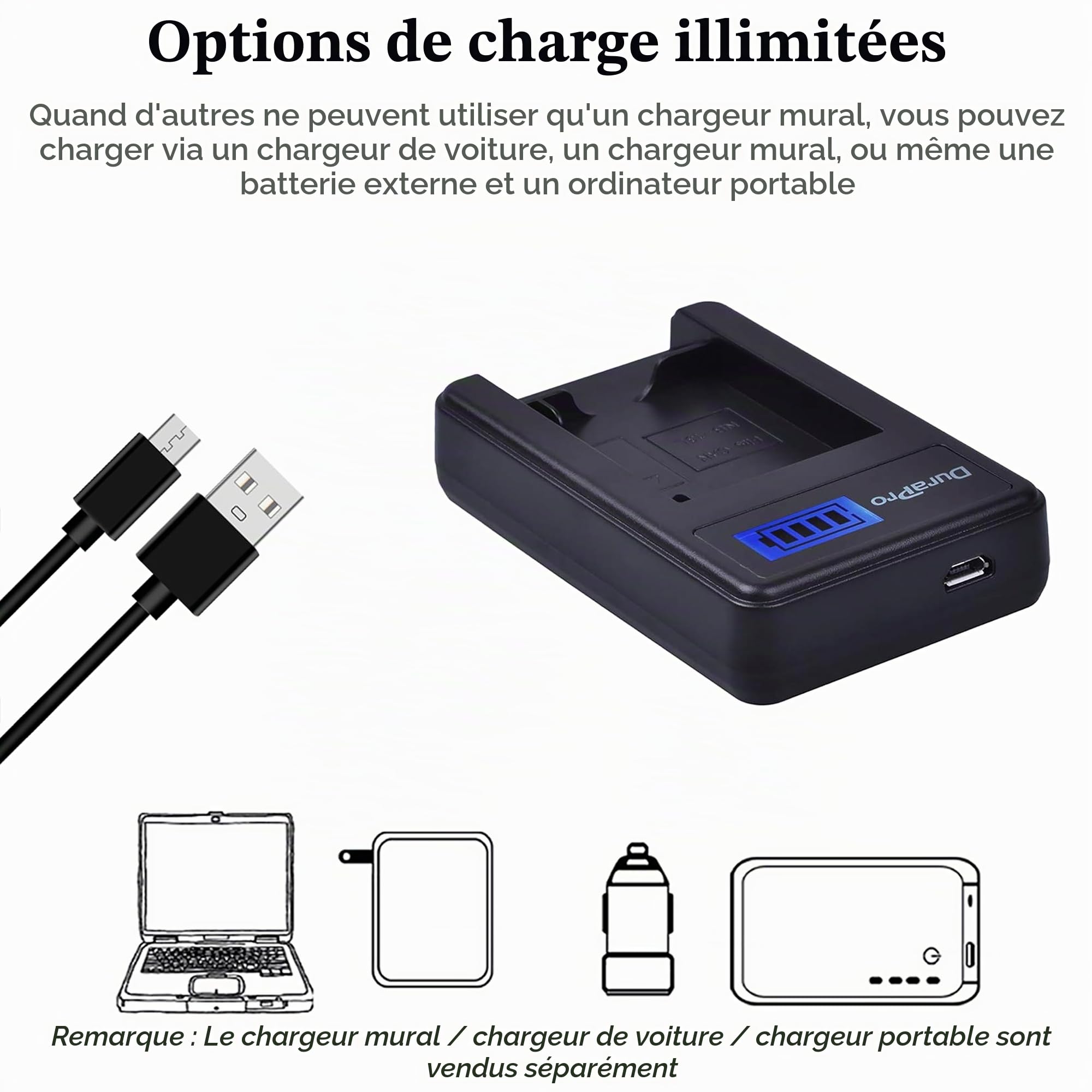DuraPro Lot de 2 batteries 1250 mAh NB-13L NB13L + chargeur USB LCD pour appareil photo numérique Canon NB-13L PowerShot G5X G7X G9X, G7X Mark II, G9X Mark II, SX720 HS, SX620 HS, SX740
