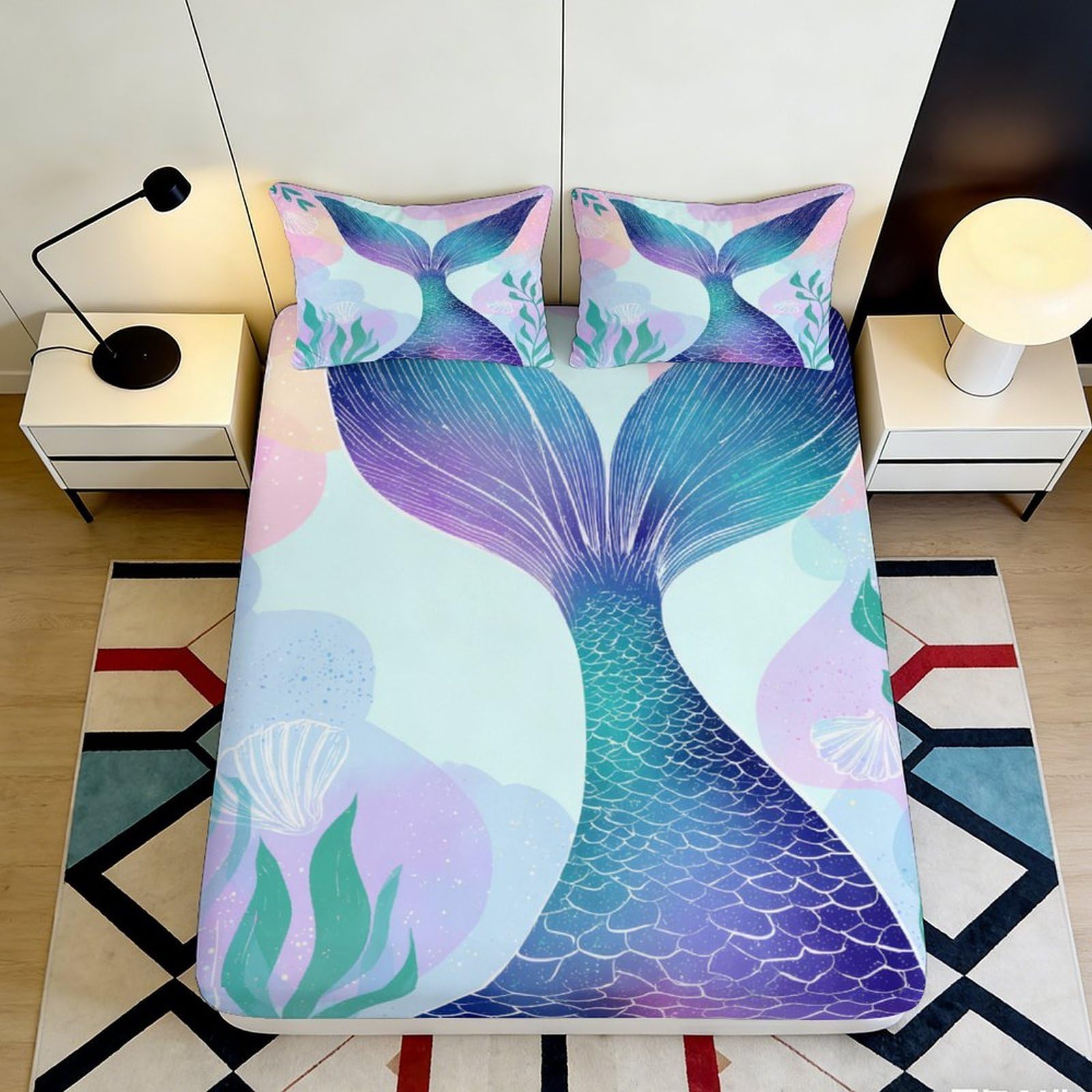 Pnayamiorkfel Style-2 3D Printed Mermaid Tail Fitted Sheet Microfiber Soft Non Slip Shell Bed Cover For Bedroom Guest Room Decor Washable 90X200x25cm