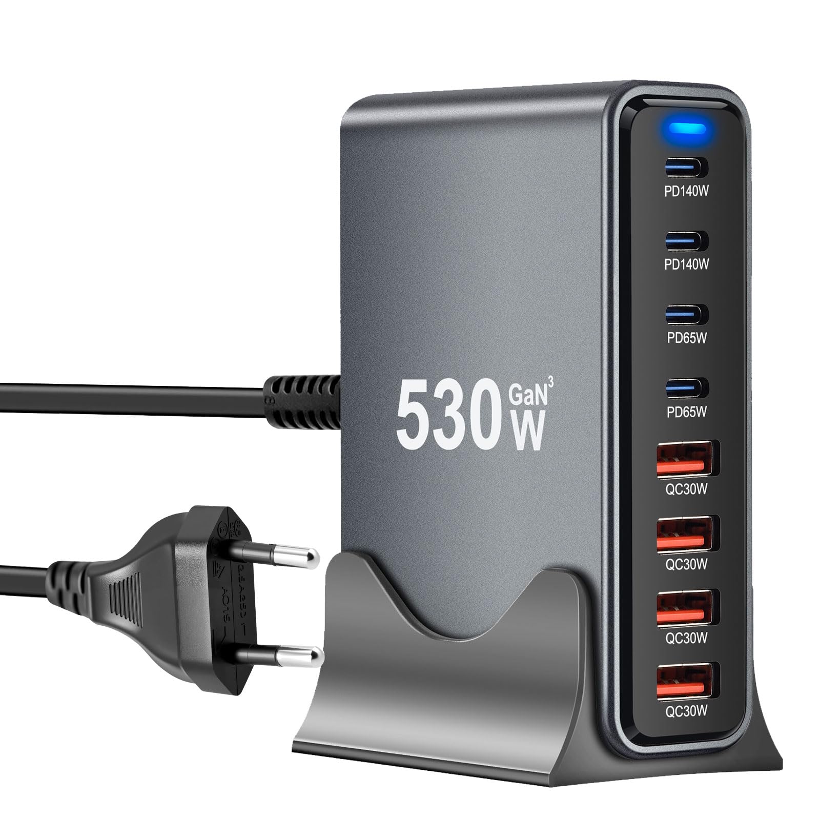 Caricatore USB C da 530 W, multiplo con 8 porte, GaN III, USB, multiplo con 4 x USB-C e 4 x USB-A, PD140 W, 65 W, 30 W Power Delivery stazione di ricarica USB C per MacBook Pro/Air, iPhone, iPad