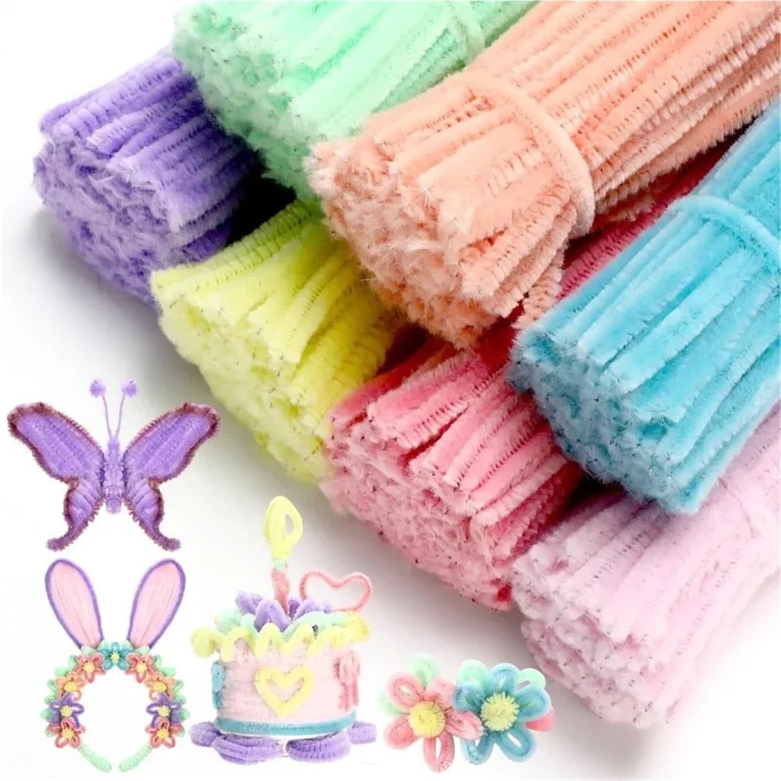 Tubo de alambre chenilla, limpiadores tallos peluche, coloridos, tiras pelo con giratorio para manualidades con niños(Macaron,1000PCS)