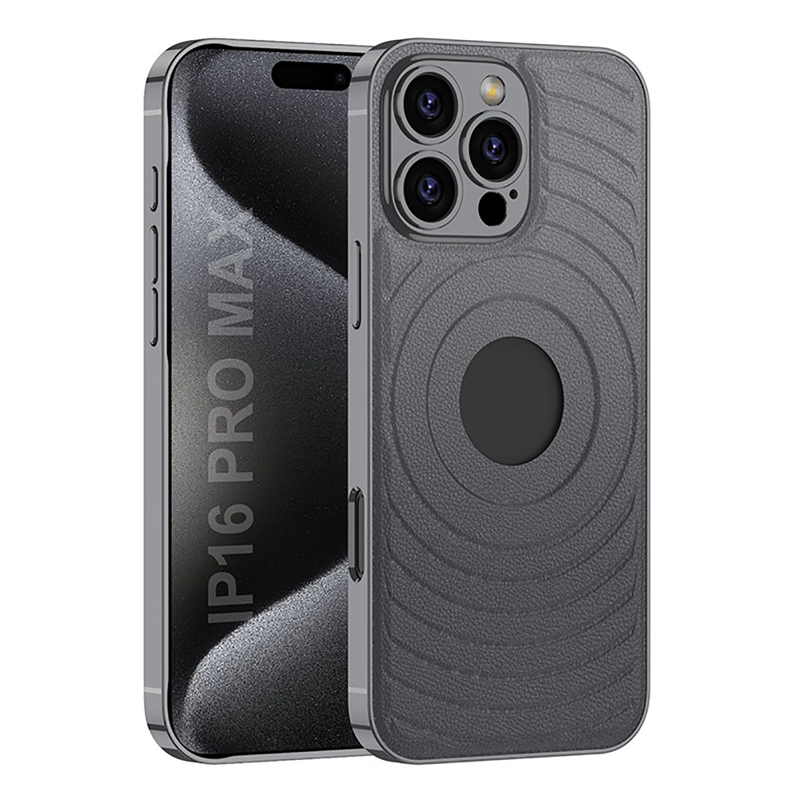 Etui magnetyczne do iPhone'a 16 Pro Max/16 Pro/16 Plus/16, ultracienkie skórzane etui z logo Zobacz wszechstronne etui ochronne na obiektyw, szare, 16 Pro