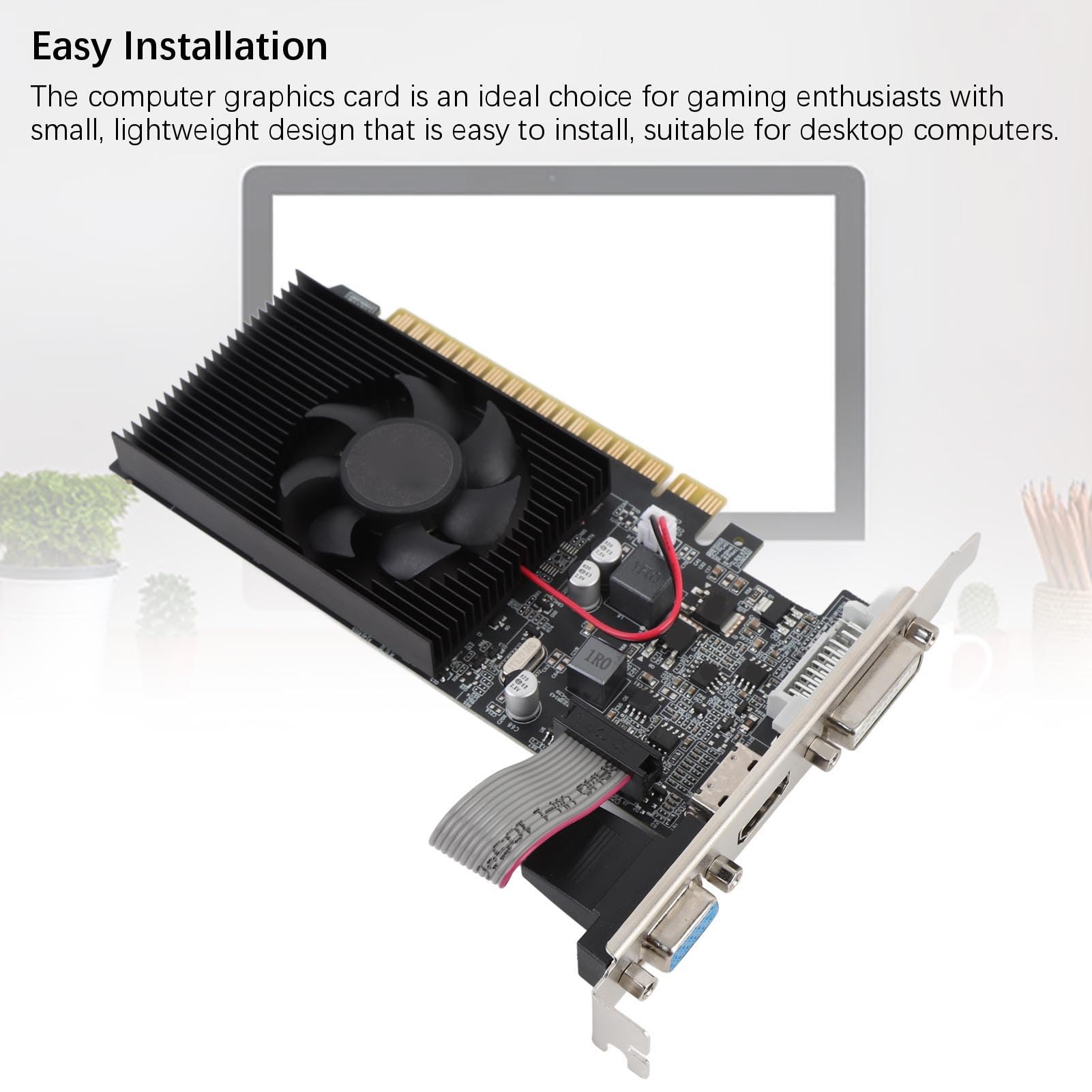 PUSOKEI Karta Graficzna GT610, Niskoprofilowa Karta Graficzna 2G DDR3 do Komputera PC z Wentylatorem Chłodzącym, Interfejs DVI VGA HDMI, PCI Express X16 2.0 64bit do Komputera