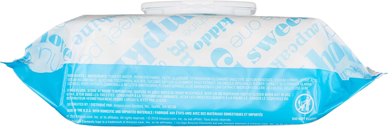 Amazon Elements Baby Wipes, Unscented, 480 Count, Flip-Top Packs