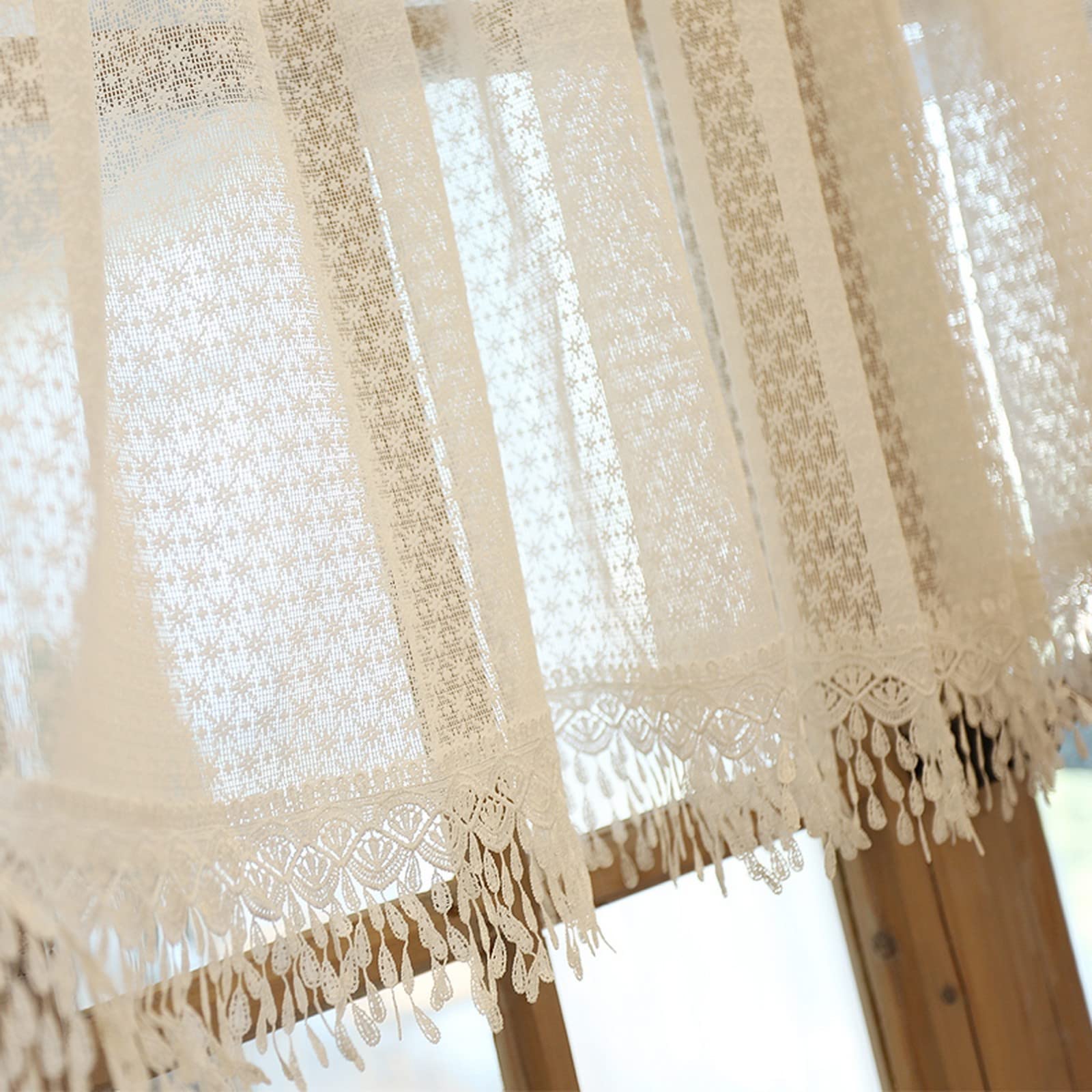 A.Monamour Gardine Scheibengardinen Kurzstores Weiße Transparente Voile Spitze Schneeflocken Textur mit Wassertropfen Quasten Kurzvorhang Kurzgardinen Küche Vorhang Fenster Kurz Stores Bistrogardine