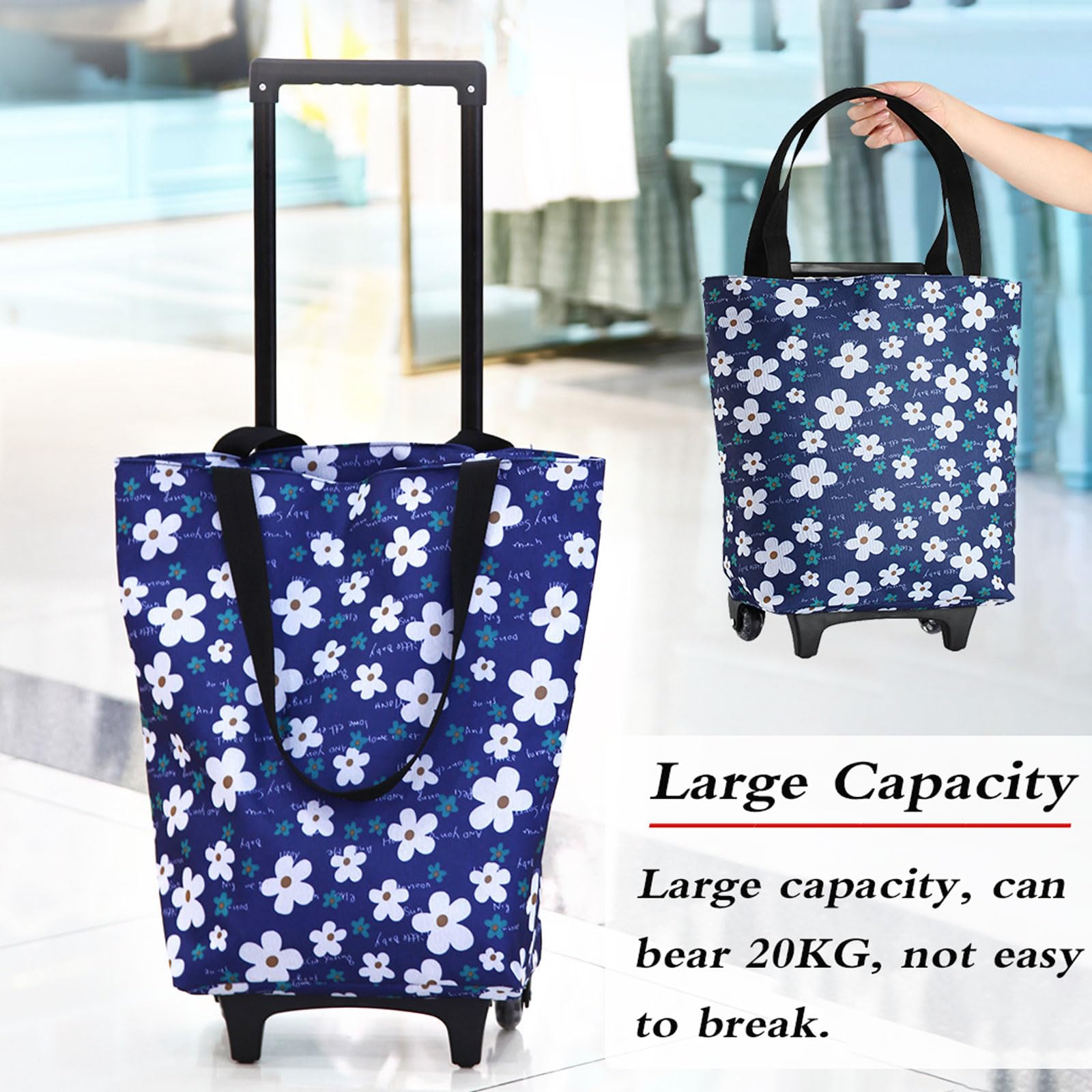 Borsa Shopping telescopica con Ruote,Sacchetti riutilizzabili per la Spesa con Ruote,Borsa per Carrello Spesa,Borsa per la Spesa 2 in 1,Impermeabile,per Viaggio e Supermercato
