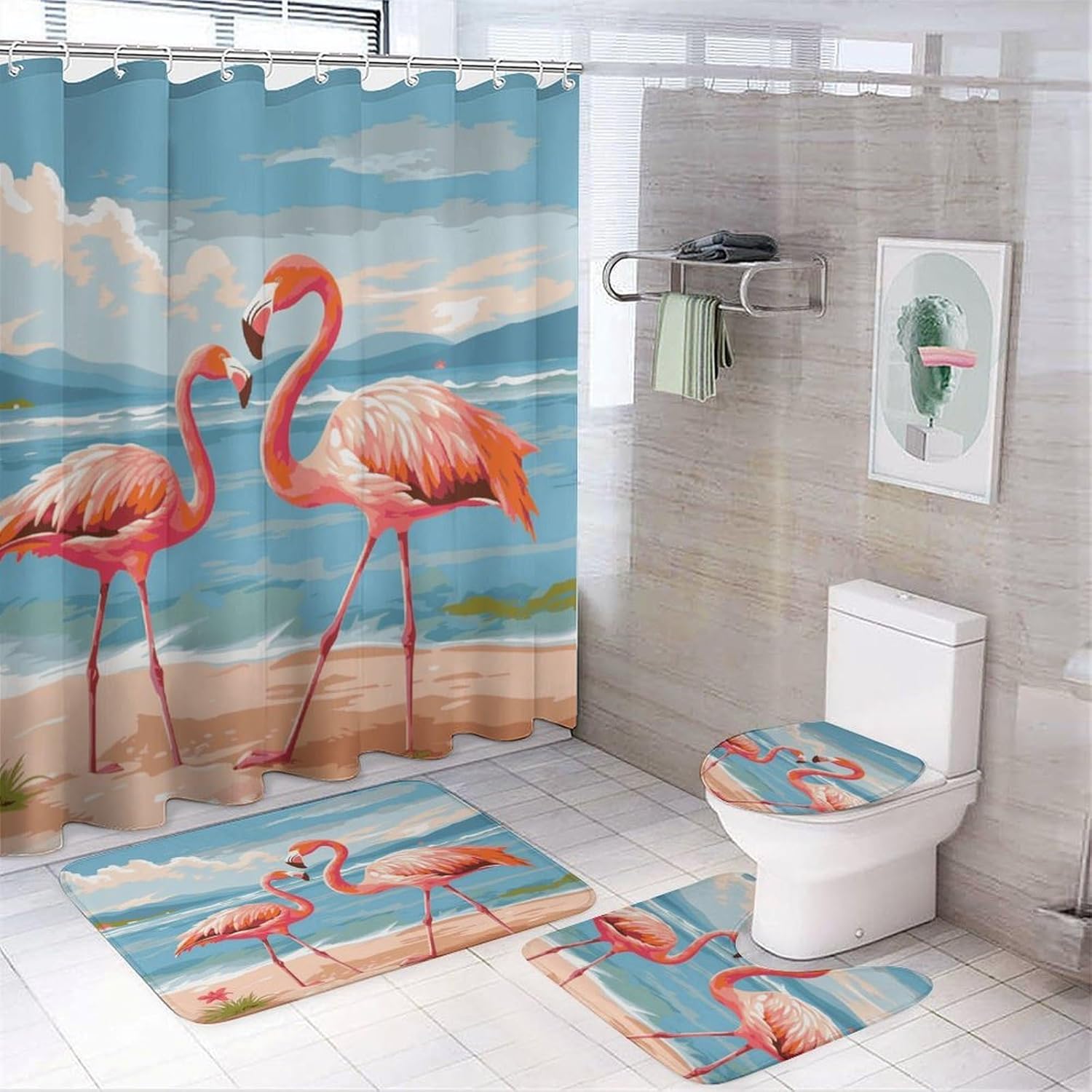 Flamingo Beach 4Pcs Shower Curtain Set with Non-Slip Rugs, Toilet Lid Cover and Bath Mat,Bathroom Set Decor Accessories,Curtain Set with 12 Hooks, 72 X 72 Inch