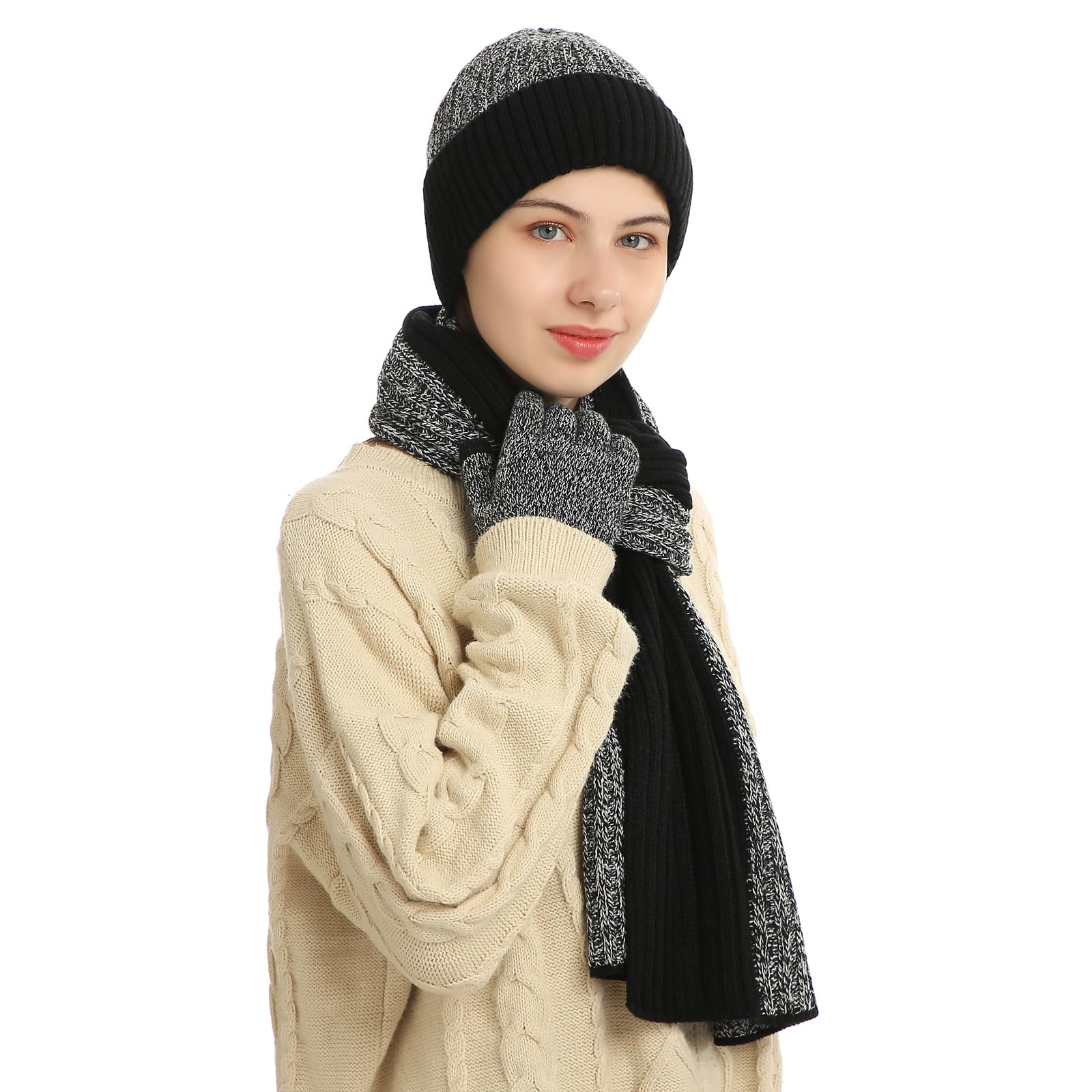 Juego de 3 guantes de bufanda de invierno para hombres y mujeres, calentador de cuello solitario, gorro de punto, guantes para pantalla táctil, gorro de lana con forro polar, 7