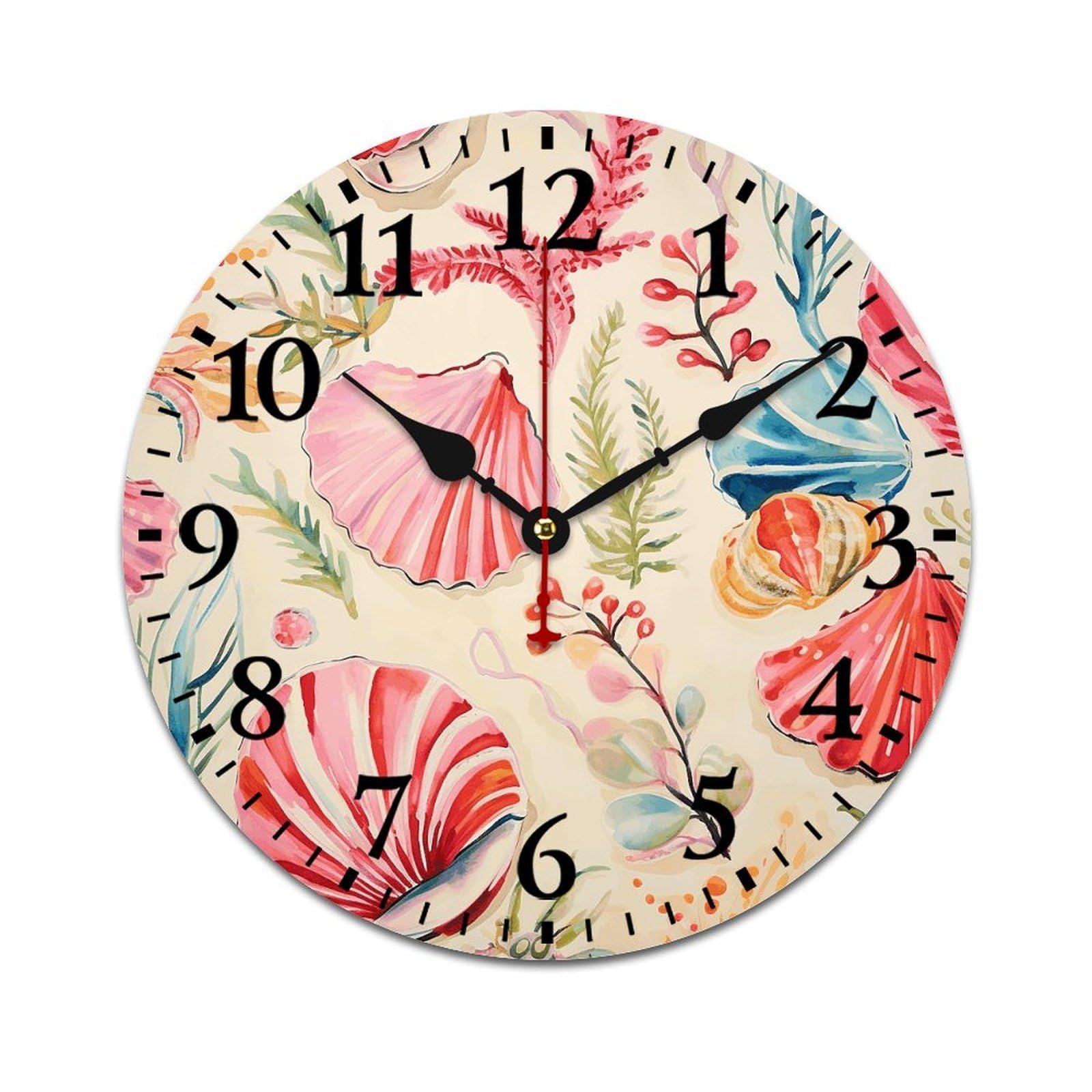 NTVOWPZO 10 Inch Wall Clock Wooden Hand Drawn Seashells Battery Operated Wall Clocks Silent Non-Ticking Square Wall Clock for Living Room Kitchen Home Office Wall Decorative Clocks