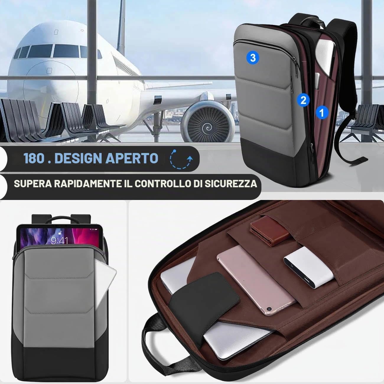 17" Zaino PC Portatili Sottile ed Espandibile Zaino da Viaggio Antifurto Impermeabile Zaino per Laptop con Porta USB per Lavoro Scuola Viaggio Uomo Donna，Nero Bordo grigio