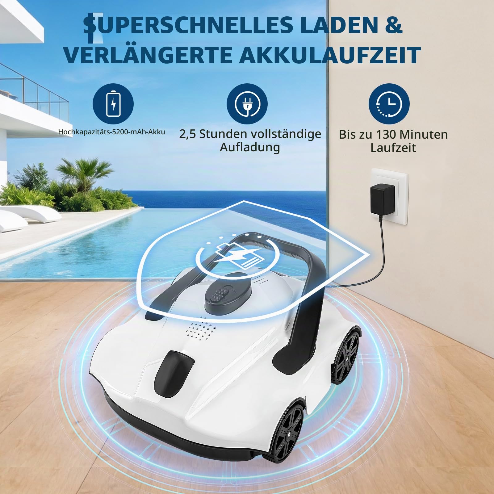 Poolroboter Kabelloser Poolsauger für Aufstellpool, bis 130 Min Akkulaufzeit, automatische Rückkehr zum Beckenrand, effizienter Bodenreiniger mit Filtersystem, leichtes Design und einfache Bedienung
