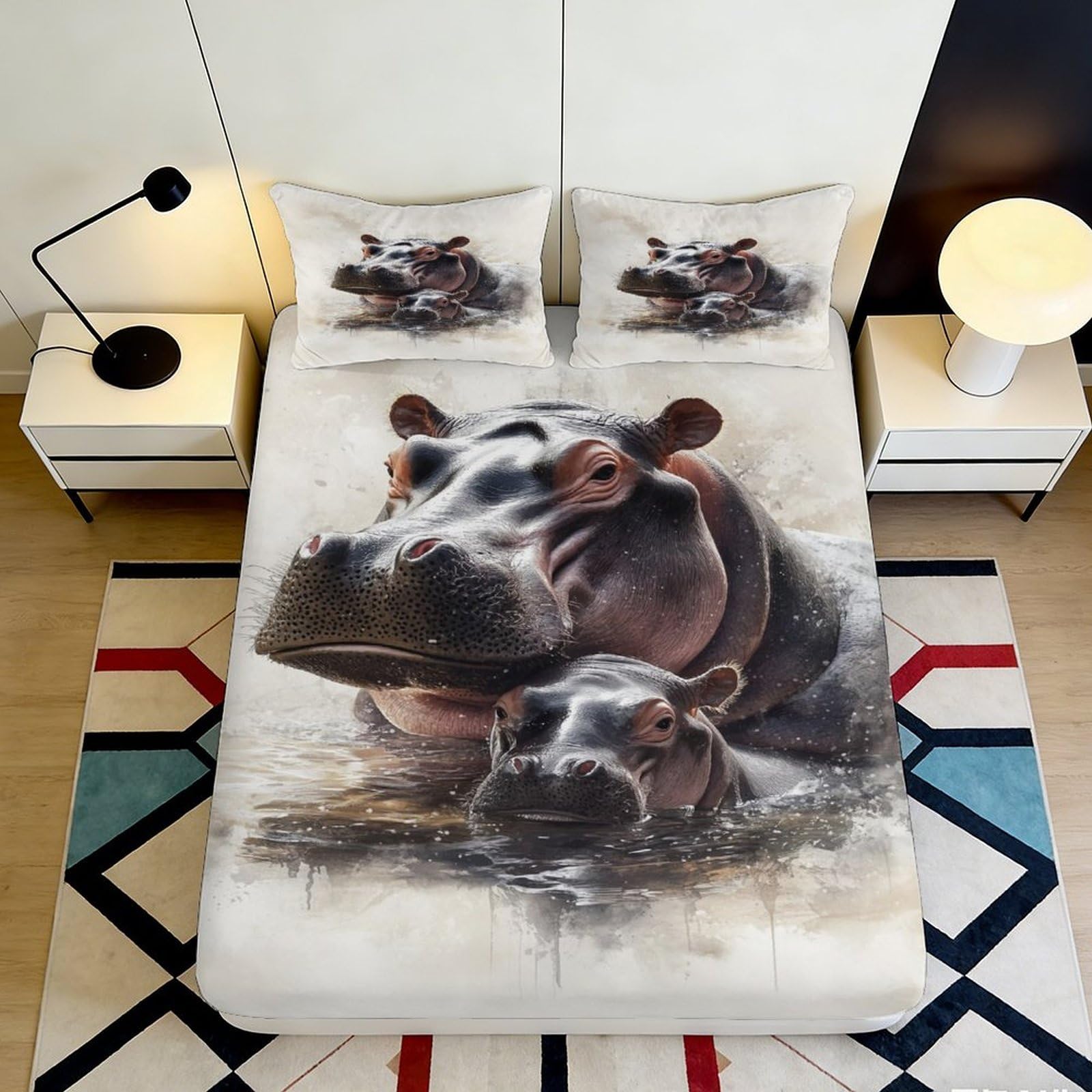 3D Printed Hippo Water Scene Fitted Sheet Microfiber Soft Breathable Hippo Family Mattress Cover for Bedroom Dorm Decor 140x200x25cm