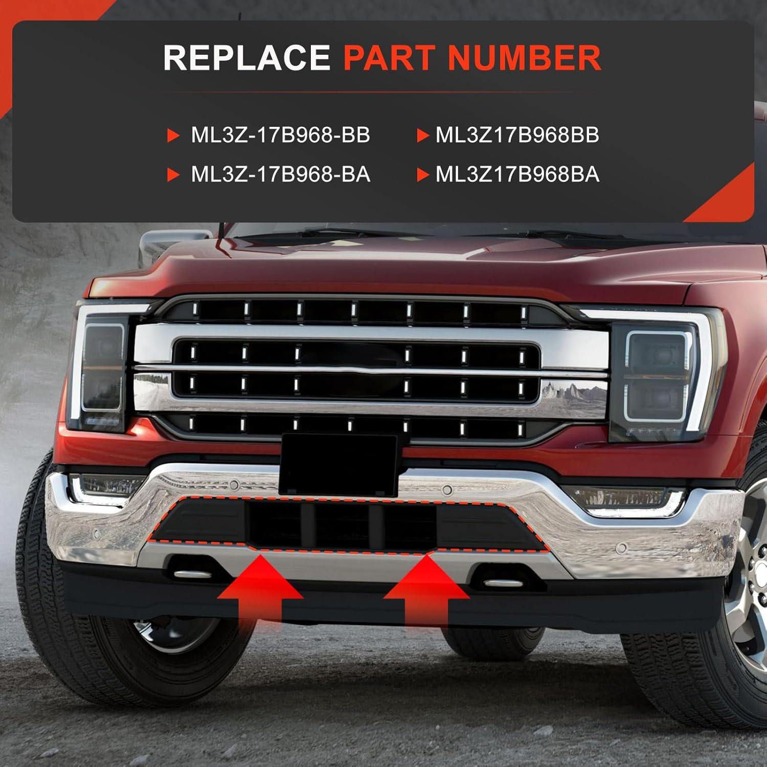 Front Bumper Grille W/Front Bumper Guards Pads & License Plate Frame Bracket Kit Compatible with Ford F150 F-150 2021 2022 2023, Lower Center Cover Spacer Panel Replace ML3Z17B968BB ML3Z17B968BA