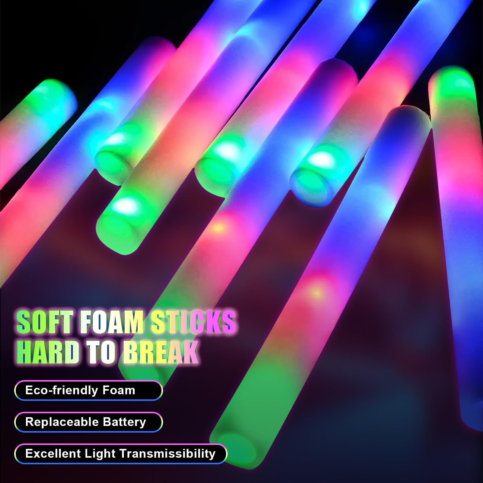 Bâtons fluorescents en mousse, bâtons lumineux à DEL avec 3 modes clignotants, fournitures de fête pour mariages, anniversaires, concerts, fêtes, camping, événements sportifs (108 pièces)