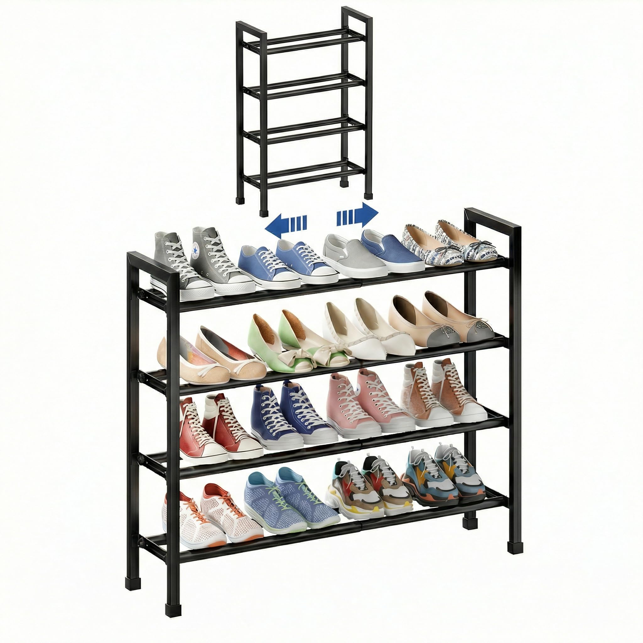 Mavivegue Shoe Rack, 4 Tier Shoe Rack, Extendable, 46.7-83.8 cm, Expandable Shoe Rack, Space-Saving, Metal Shoe Rack for 16 Pairs, for Hallway, Hallway, Balcony, Outdoor, Camping, Black