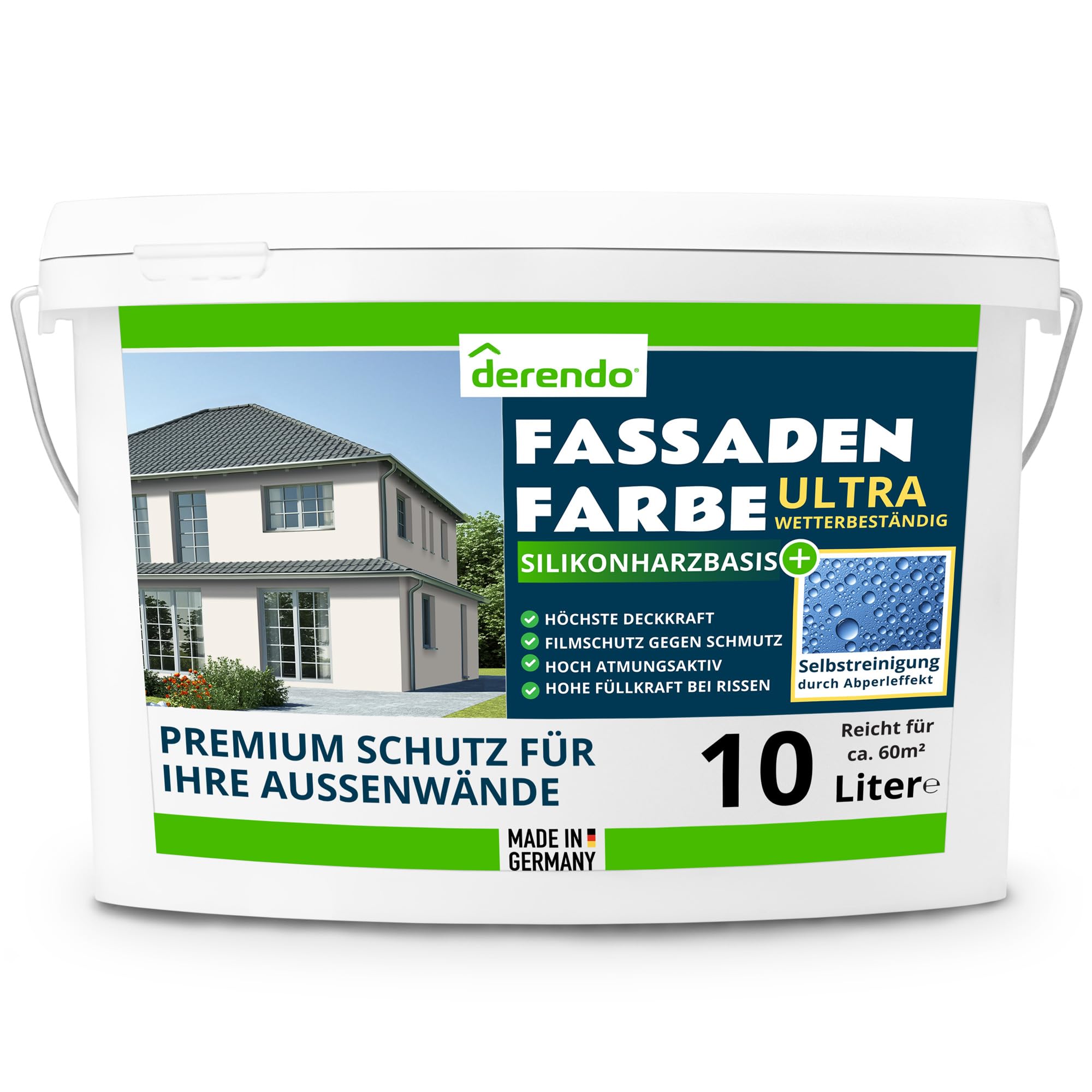 derendo Silikonharz Fassadenfarbe ULTRA Wetterschutz Altweiss 10 l aussen Fassade Silikonharzfarbe Abperleffekt Lotus Blatt Fassadenschutz Schmutzabweisende Silikonharzbeschichtung