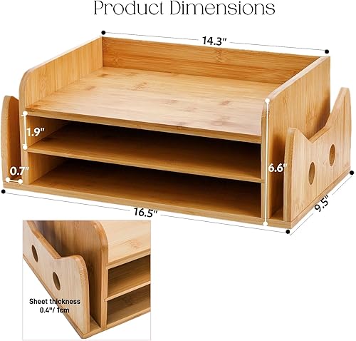 Miniatura 2 de ZOOFOX Bandeja de papel de 3 niveles, soporte para carpetas de cartas de madera con 3 bandejas y 2 secciones verticales, bonita bandeja de papel en