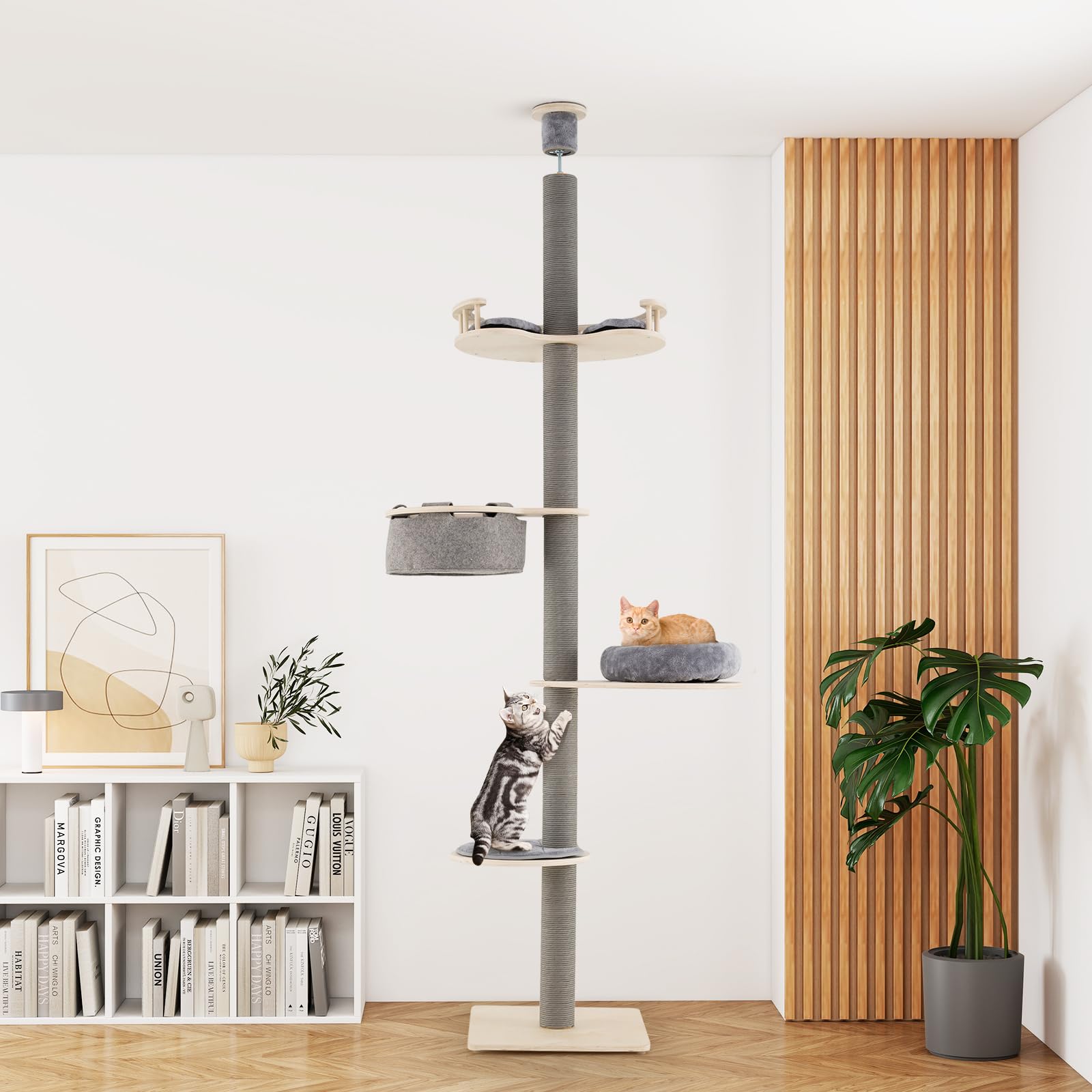 COSTWAY Árbol para Gatos del Suelo al Techo, Torre de Gatos de 5 Niveles Ajustable de 236-271 cm con 3 Plataformas y Hamaca, Base 48x48 cm, Postes Rascadores, Ideal para Gatitos, Gris